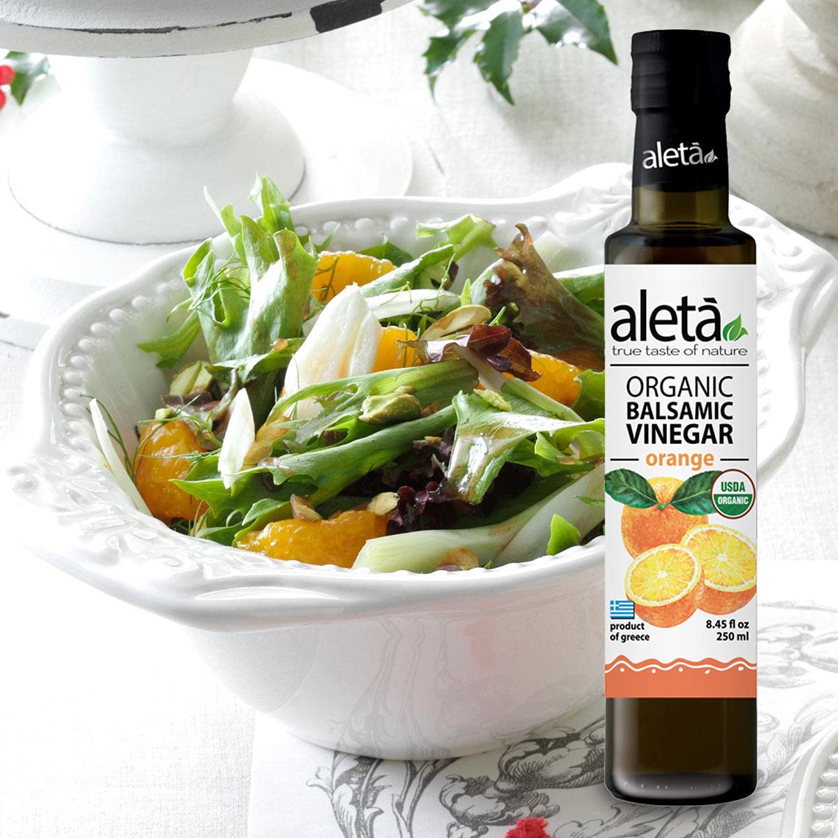 Aleta Farms Balsamic Vinegar, Greek Organic Orange Infused Aged Balsamic Vinegar, USDA Organic, Perfect for Salad Dressings, Pasta, Desserts & Cocktails, Glass Bottle, 8.45 fl oz (Orange)