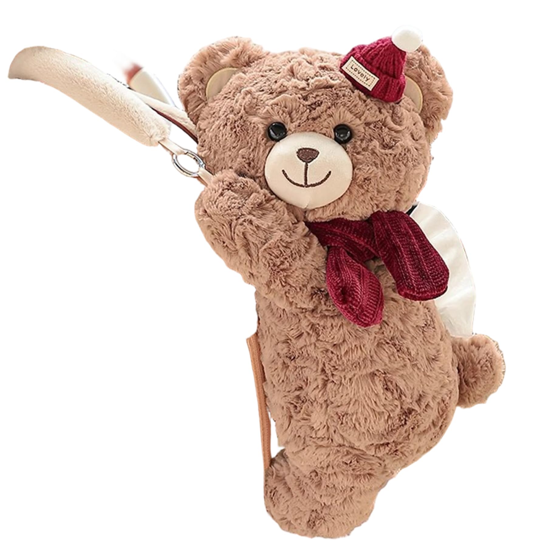 Simpatico portafazzoletti per auto con orsetto di peluche con cappello e sciarpa - Divertente dispenser per fazzoletti morbidi da appendere per la decorazione della casa dell'auto (caffè)