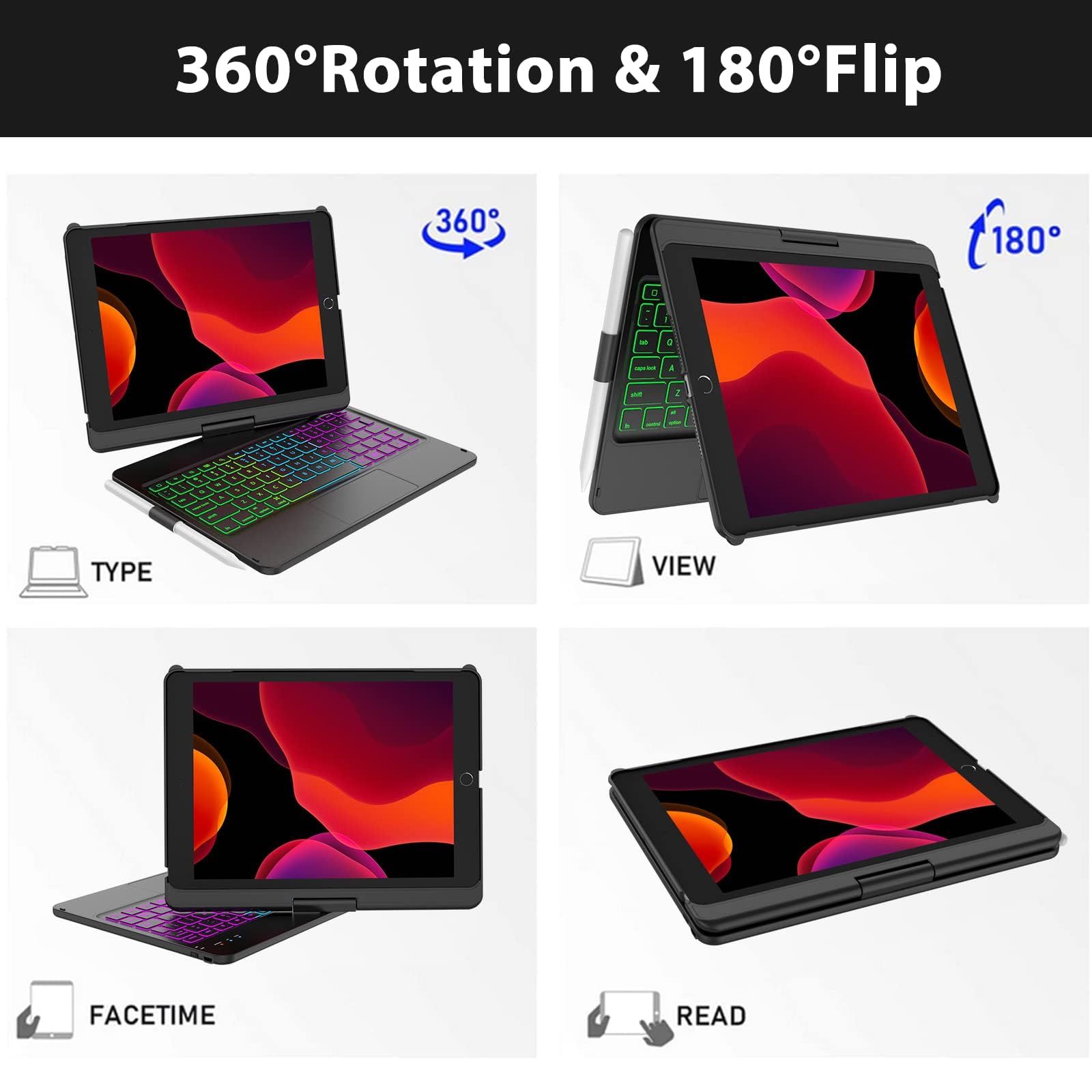 KARFUN Custodia con Tastiera per iPad 9a gen 10.2'' 2021,360° Flip Cover Rigida Sottile e Rigida per iPad 9/8/7a,Tastiera(Italiano) Bluetooth Wireless con 7 Retroilluminazione Auto Sleep Wake