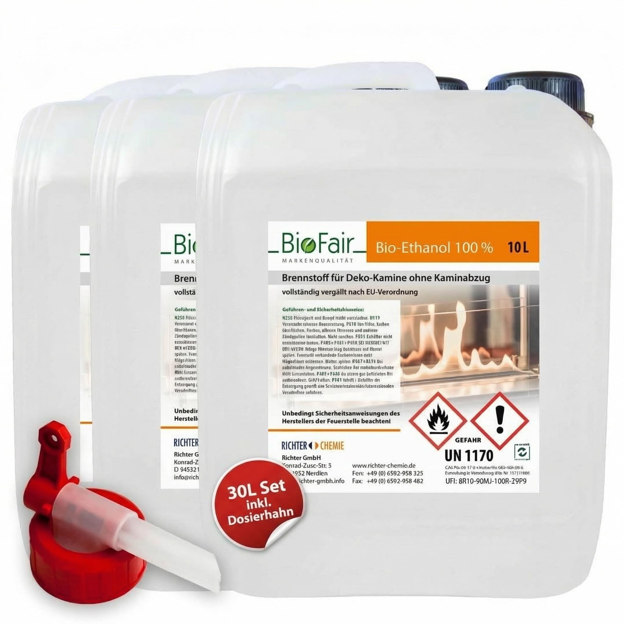 BioFair Bioethanol Kamin Brennstoff 30L (3×10L Kanister) E100 100 Prozent, mit Dosierhahn, Made in Germany, für Tischkamin, Wandkamin & Kamin flüssig