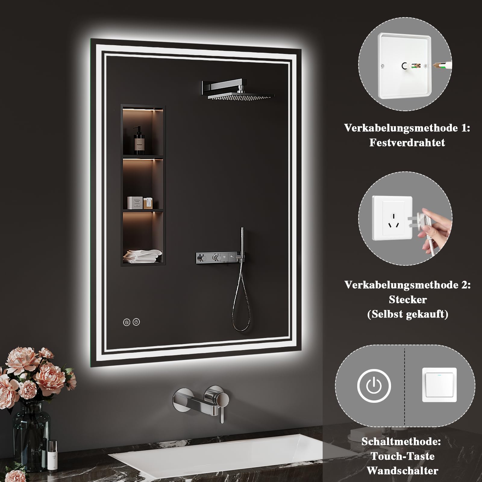Badspiegel-mit-Beleuchtung 40x60cm - LED Badezimmerspiegel Badezimmer Spiegel mit Beleuchtung, Beschlagfrei, Touch-Schalter, 3 Lichtfarben - Bad Spiegel mit Licht Horizontal/Vertikal