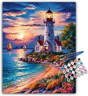 Paint by Numbers Kit for Adults Beginner, Lighthouse Acrylic Adult Paint by Number Kits on Canvas, Seaside Watercolor Oil Number Painting for Adults, Perfect for Home Decor Gift 16"x20"