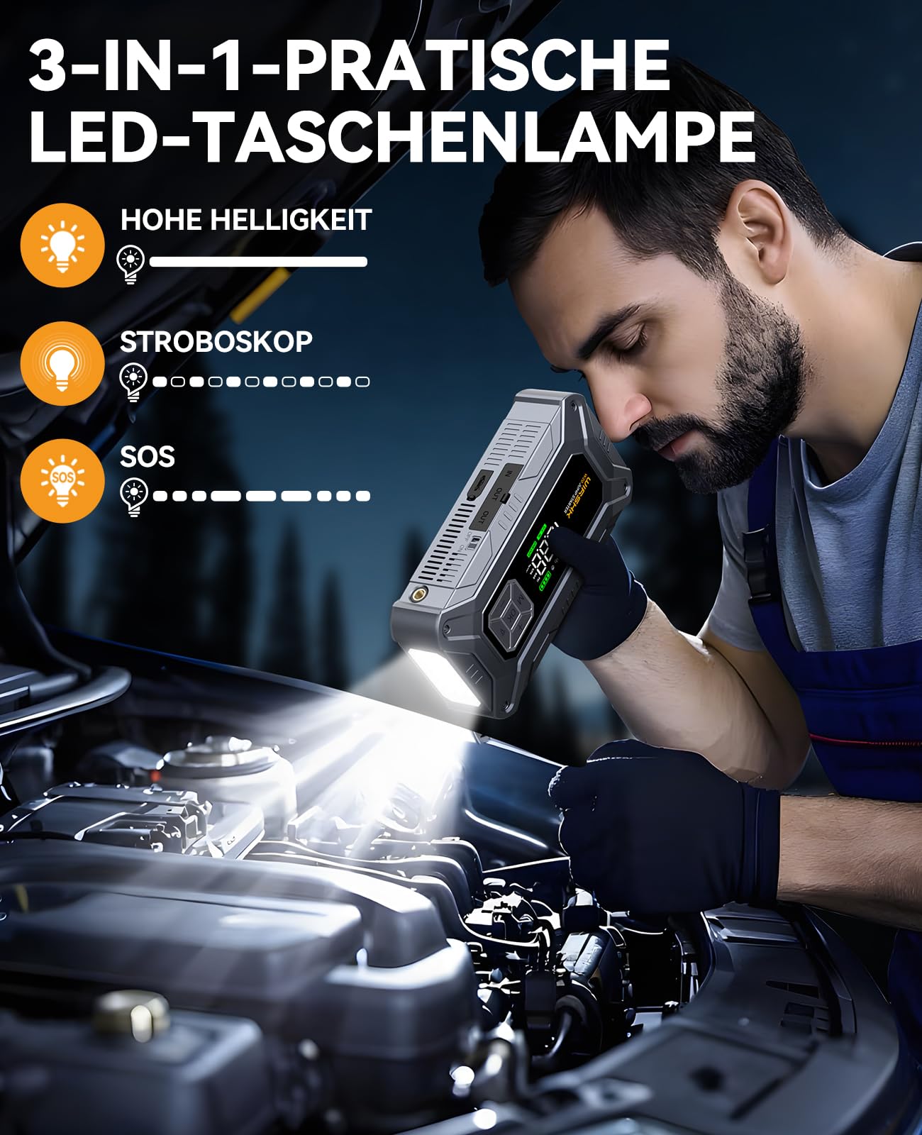 Batterie Booster 8000A, Auto Starthilfe mit 160PSI Luftpumpe für alle Benzinmotoren & bis zu 10L Diesel, mit Display und Notleuchte | Für alle Benzin & 10L Diesel, 27000mAh, Starthilfekabel, EVA-Tasche, Display, LED-Lampe, Motorrad, SUV