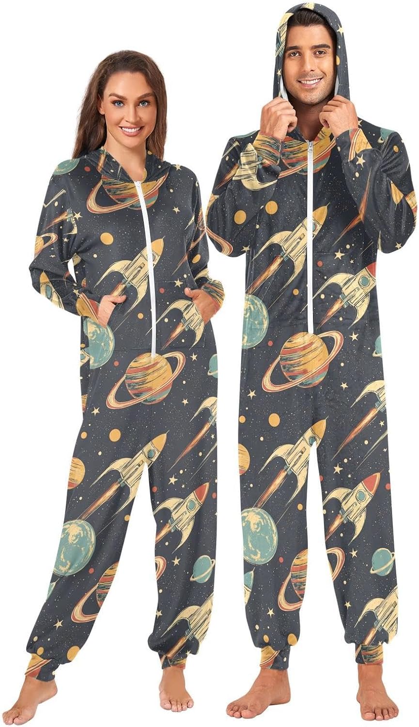 ZZKKO Space Planetary Rocket Adult Onesie Pajamas for Women Men Cozy One Piece Pajamas Costume Zip-Up Hooded S-XL