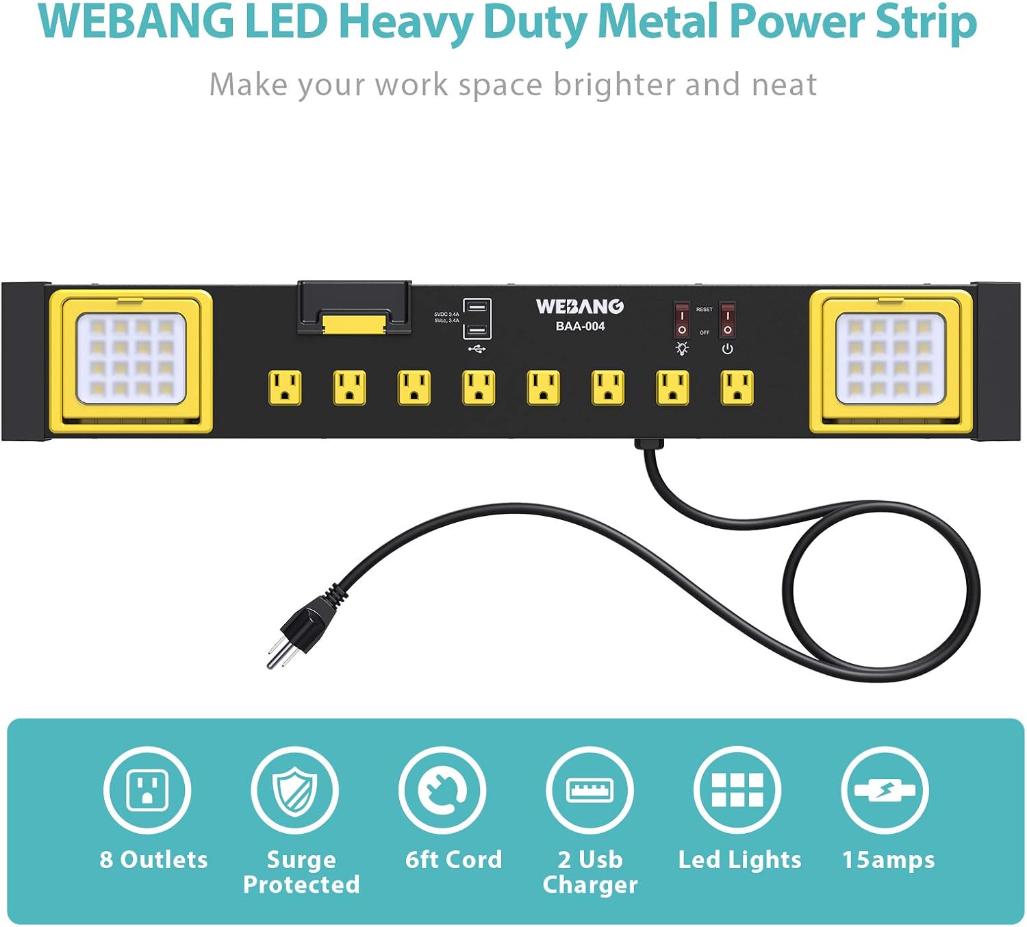 Hot Deals WEBANG Heavy Duty Metal Power Strip Surge Protector with 8 Outlets,2 USB Ports, Led Worklight, 15A Circuit Breaker, Wall Mount, UL Listed for Workshop/Garage/Countertop