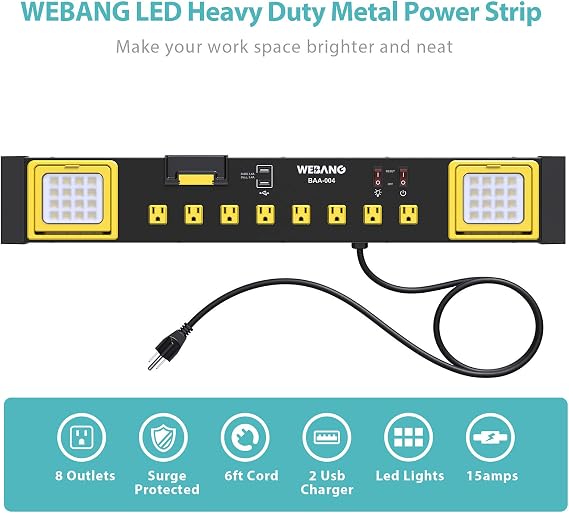 WEBANG Heavy Duty Metal Power Strip Surge Protector with 8 Outlets,2 USB Ports, Led Worklight, 15A Circuit Breaker, Wall Mount, UL Listed for Workshop/Garage/Countertop