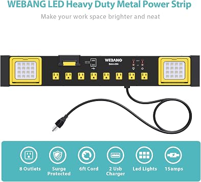WEBANG Heavy Duty Metal Power Strip Surge Protector with 8 Outlets,2 USB Ports, Led Worklight, 15A Circuit Breaker, Wall Mount, UL Listed for Workshop/Garage/Countertop