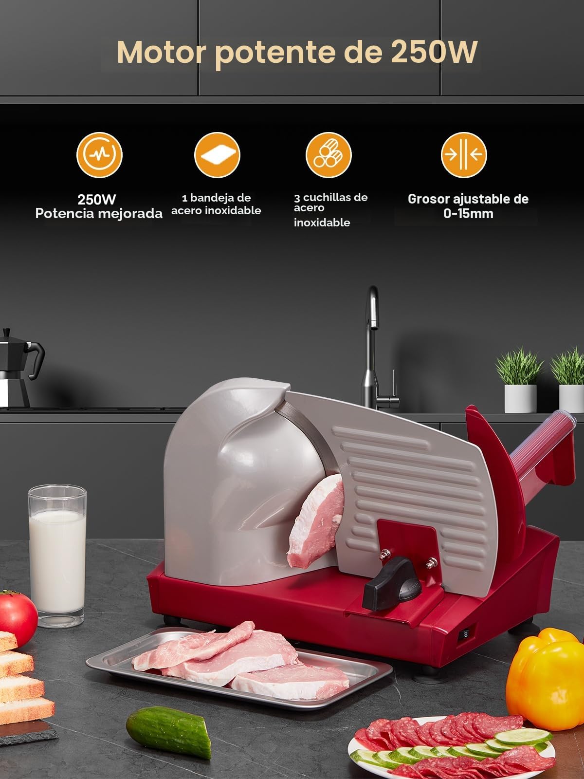 250W Cortadora de Fiambre - Cortafiambres Eléctrico con 3 Cuchillas de Acero Inoxidable Removibles de 19cm, Grosor Ajustable de 0 a 15mm, Bloqueo de Seguridad y Pies de Succión