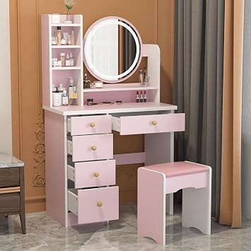 Vanity Desk with Mirror and Lights, Makeup Vanity with Lights and Drawers, Vanity with Mirror & Shelves, Cushion Stool, Pink 31.5W x 15.7D x 53.1H