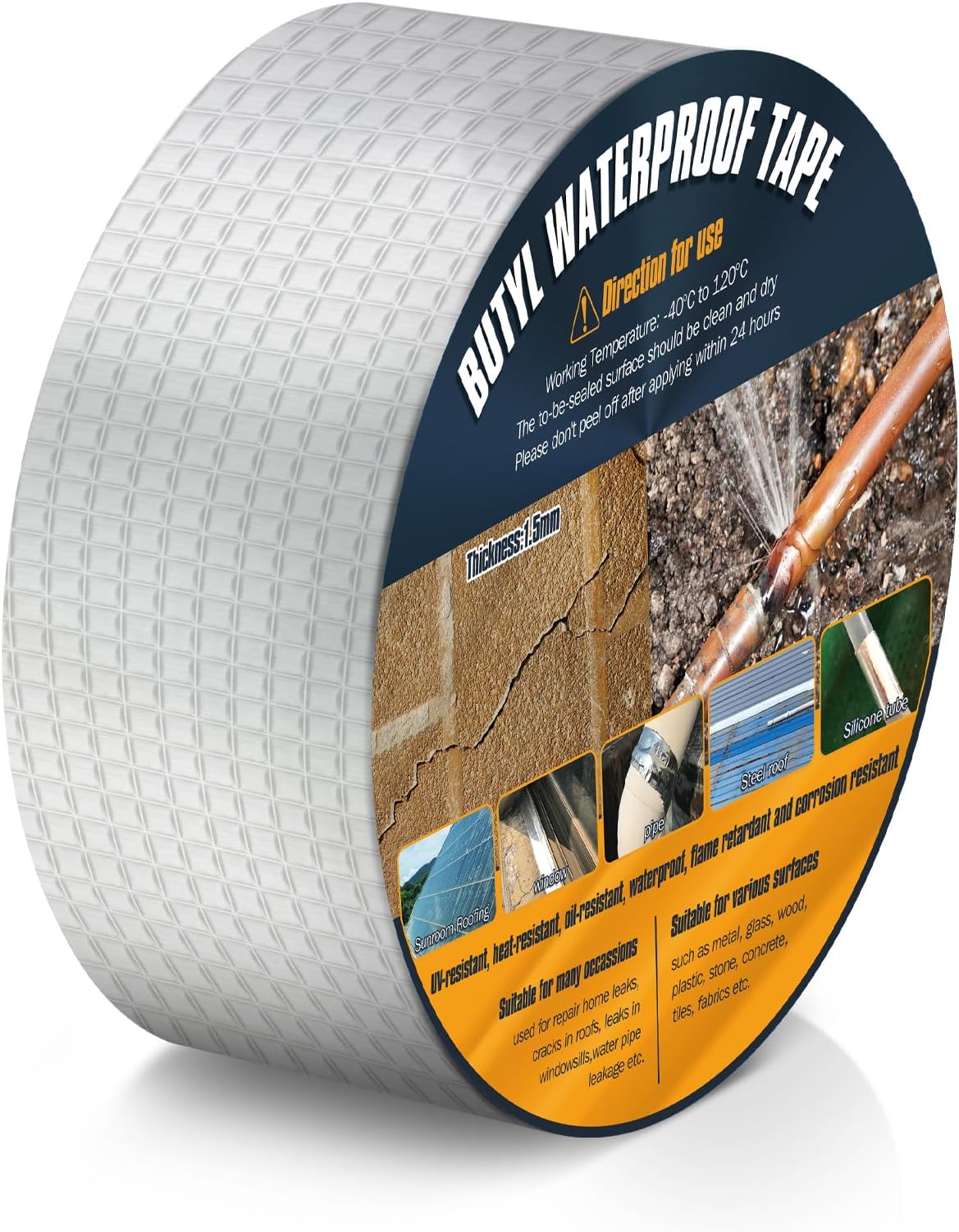 Spesh Butyl Flashing Tape, 50mm(W) x5m(L) Roof Felt Adhesive Waterproof Repair Tape Outdoor Use for Repairing Roof, Swimming Pools, PVC Pipes