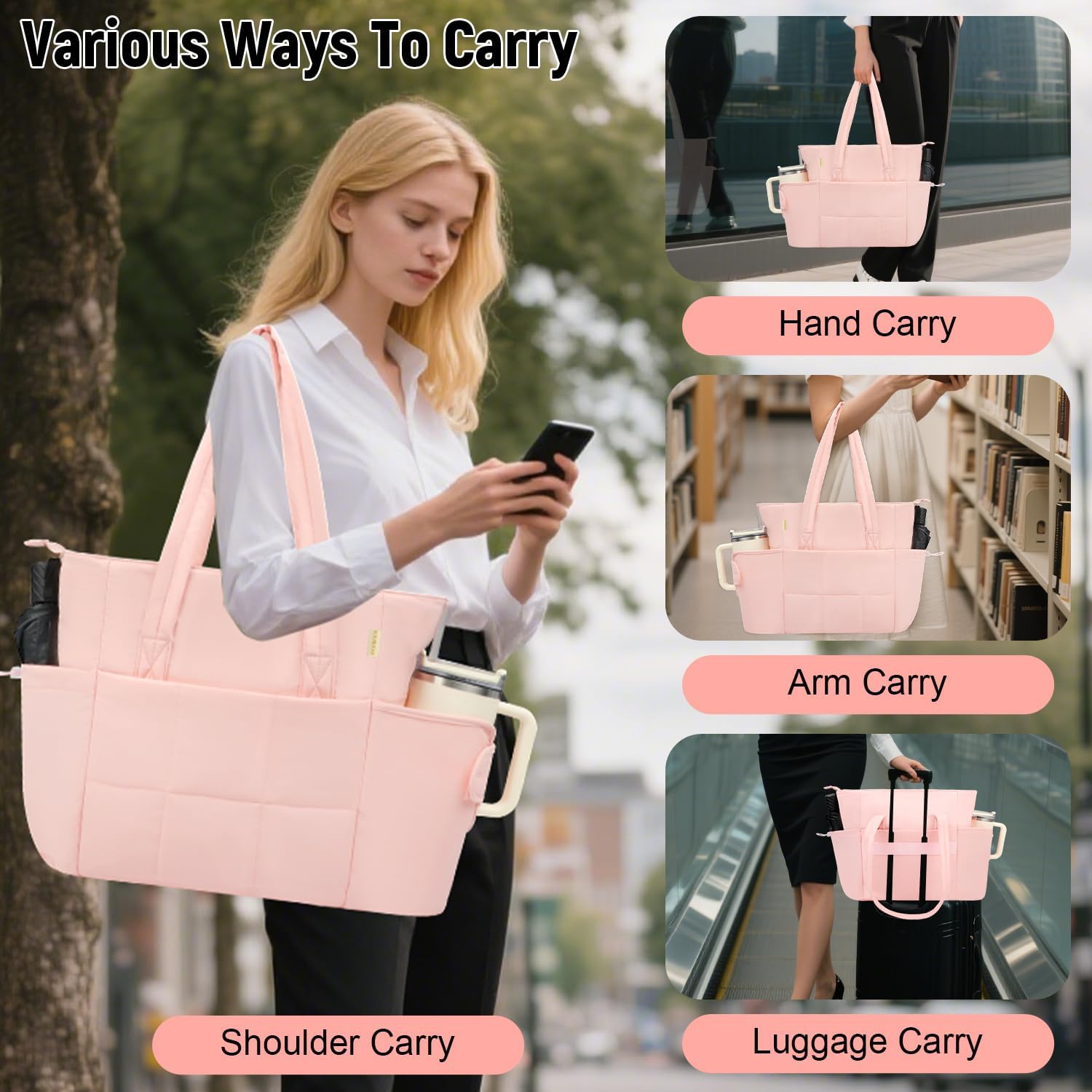 Puffer Tote Bag with Large Cup Holder& 15.6 Inch Laptop Compartment, Lightweight Puffy Work Bag with Water Bottle Pocket, Large Laptop Tote with Clutch Purse for Women Teacher Nurse (Pink) - Image 7