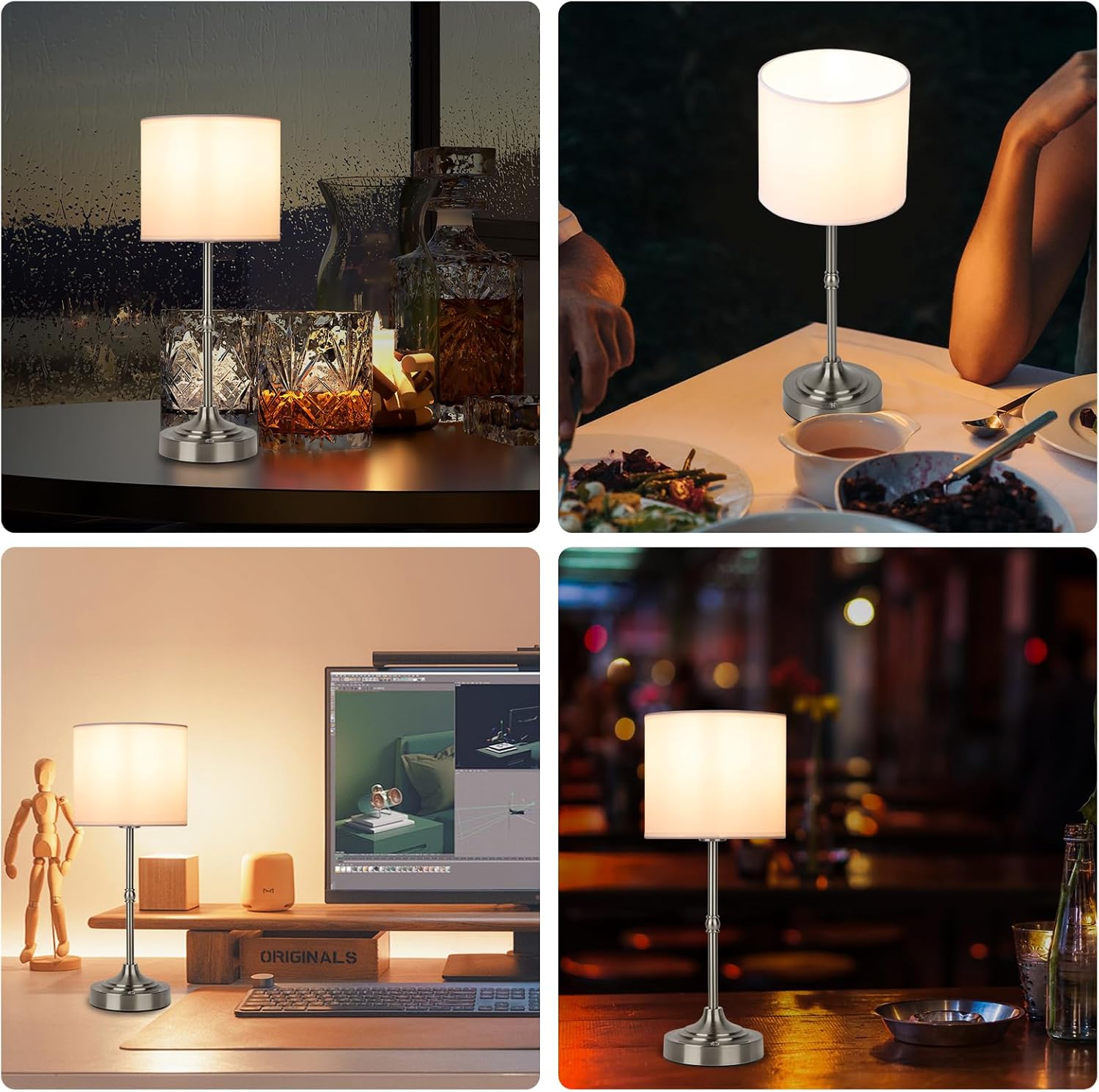 Cordless LED Table Lamp,Portables Fabric Shade Desk Lamps, Rechargeable Battery Powered Lighting, Dimmable Light for Dining Room, Bedroom, Bedside, Night Light, Balcony (Silver)