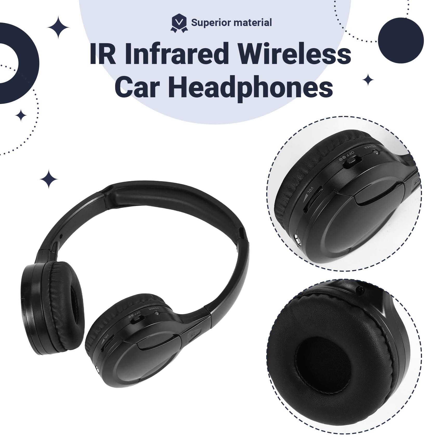 Lot de 2 paires d'écouteurs infrarouges sans fil pour lecteur DVD de voiture - Casque audio infrarouge universel (noir)