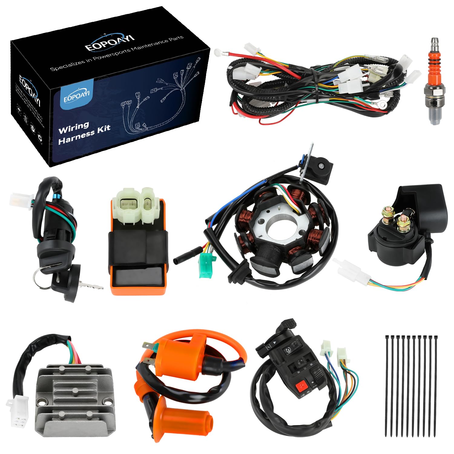 EOPOAYI Complete Wiring Harness Kit Compatible with GY6 150cc Engine 152QMI 157QMJ TaoTao Coolster ATV 4-Stroke Dune Buggy Scooter Performance Parts Starter Relay Solenoid Regulator Ignition Coil CDI