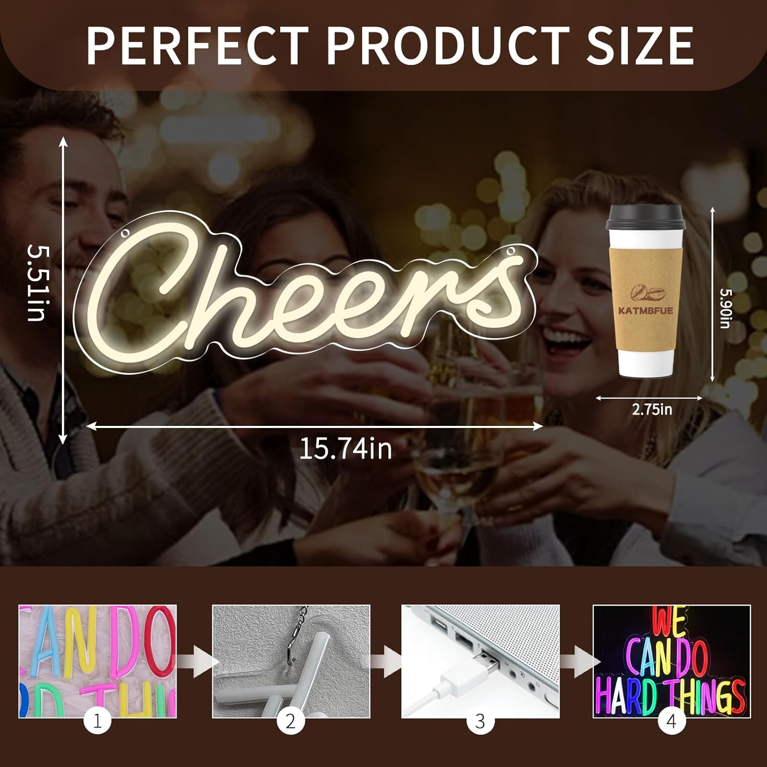 LED Cheers Neon Sign for Home Bar, USB Powered Warm White Bar Light with Dimmable Control, Wedding Party Wall Decor for Kitchen Restaurant 15.75x5.51