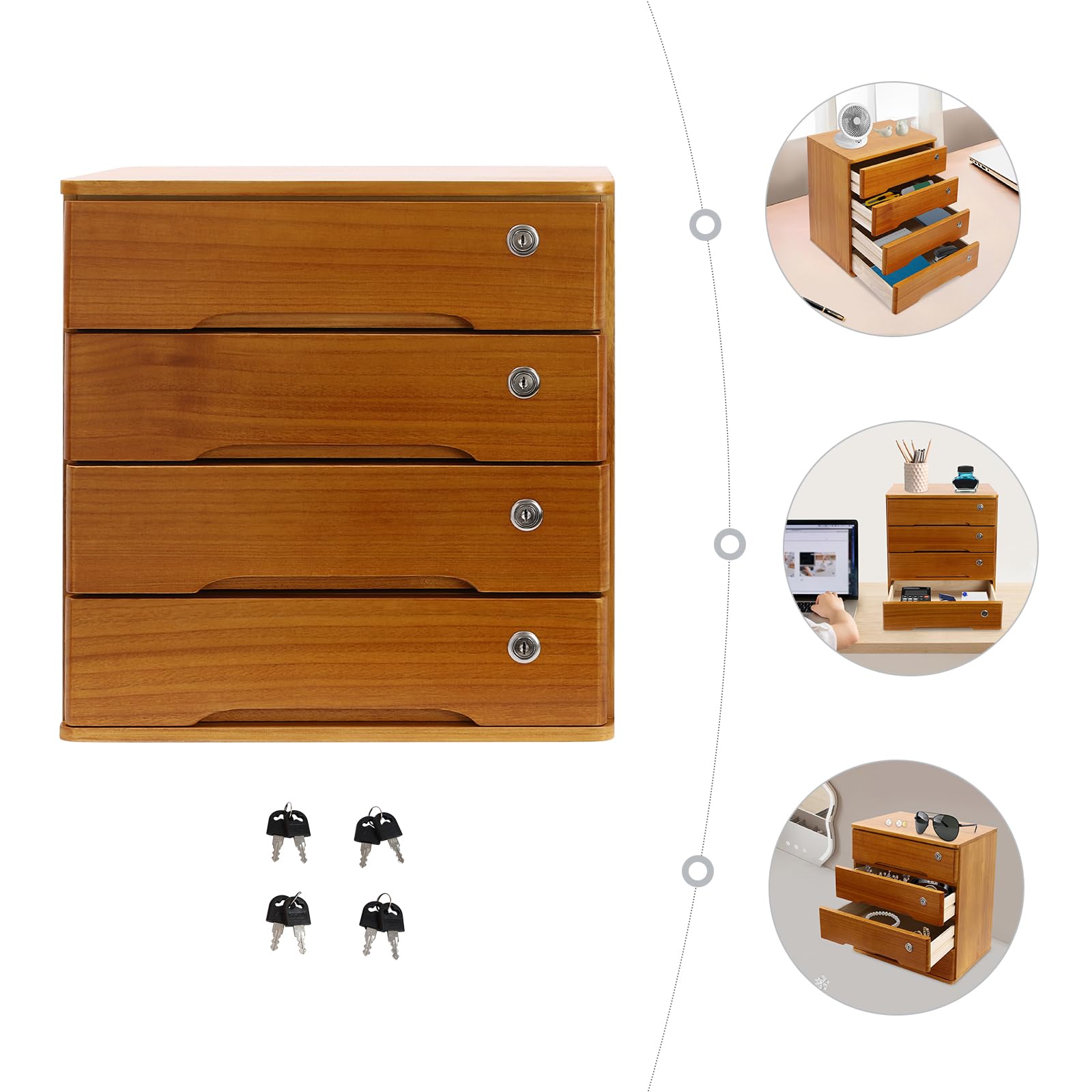 Organisateur de bureau en bois avec tiroirs, poste de travail à domicile, fournitures de bureau, boîte de rangement de bureau verrouillable avec tiroirs 3/4 étagères, support de rangement (4 niveaux)