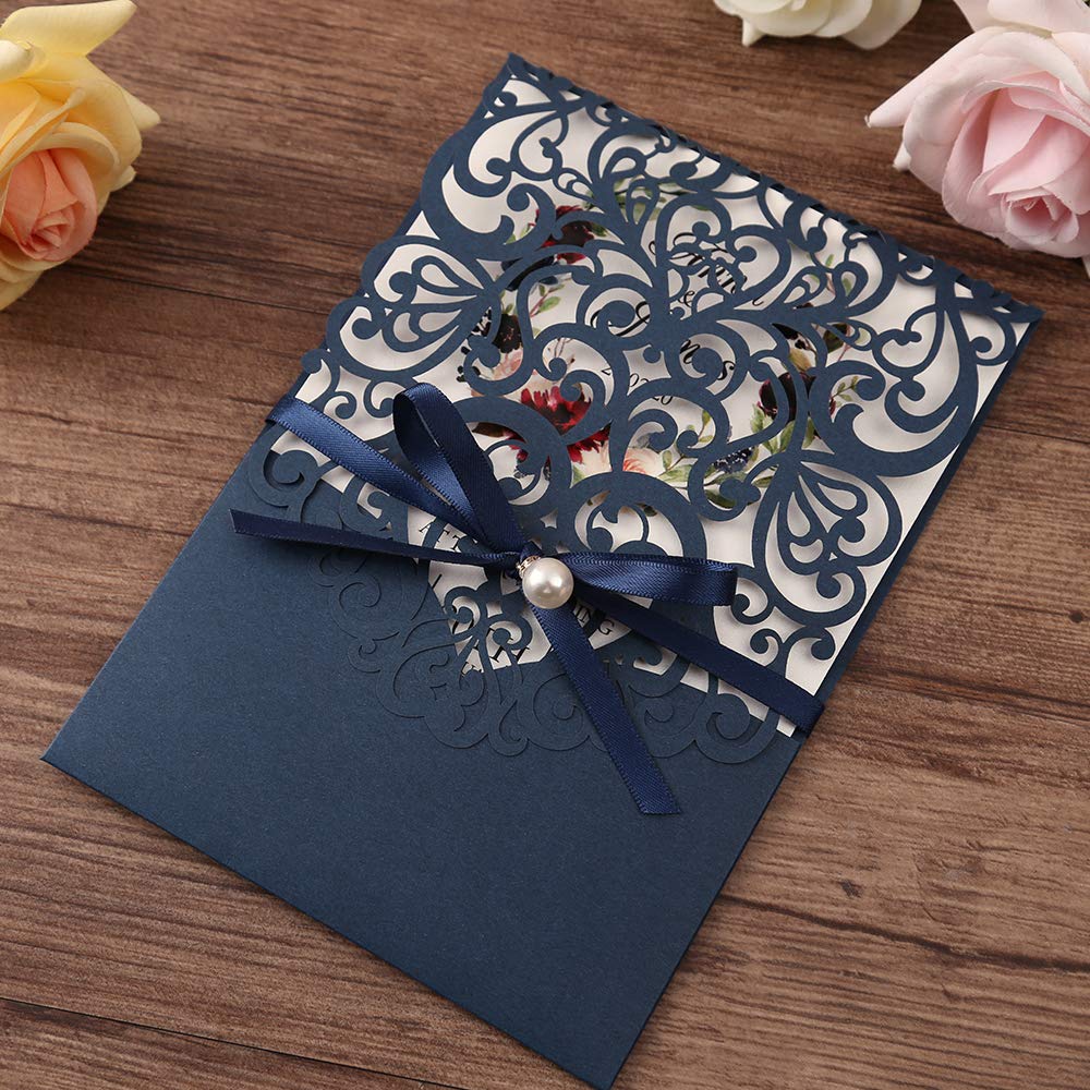 Hochzeitseinladungen, blanko, lasergeschnitten, Marineblau, mit Rsvp-Karten und Umschlägen Schleifenband, Perlenverzierungen, Hochzeitseinladungskarten für 50 Stück