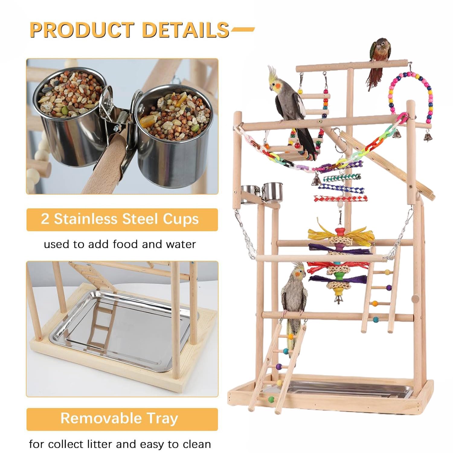 Parque Infantil de Cacatúas,con Comederos de Acero Inoxidable, Cadena de Plástico de Colores para Mascotas, para Loros y Otros Pájaros,94.5 * 48 * 33.5cm
