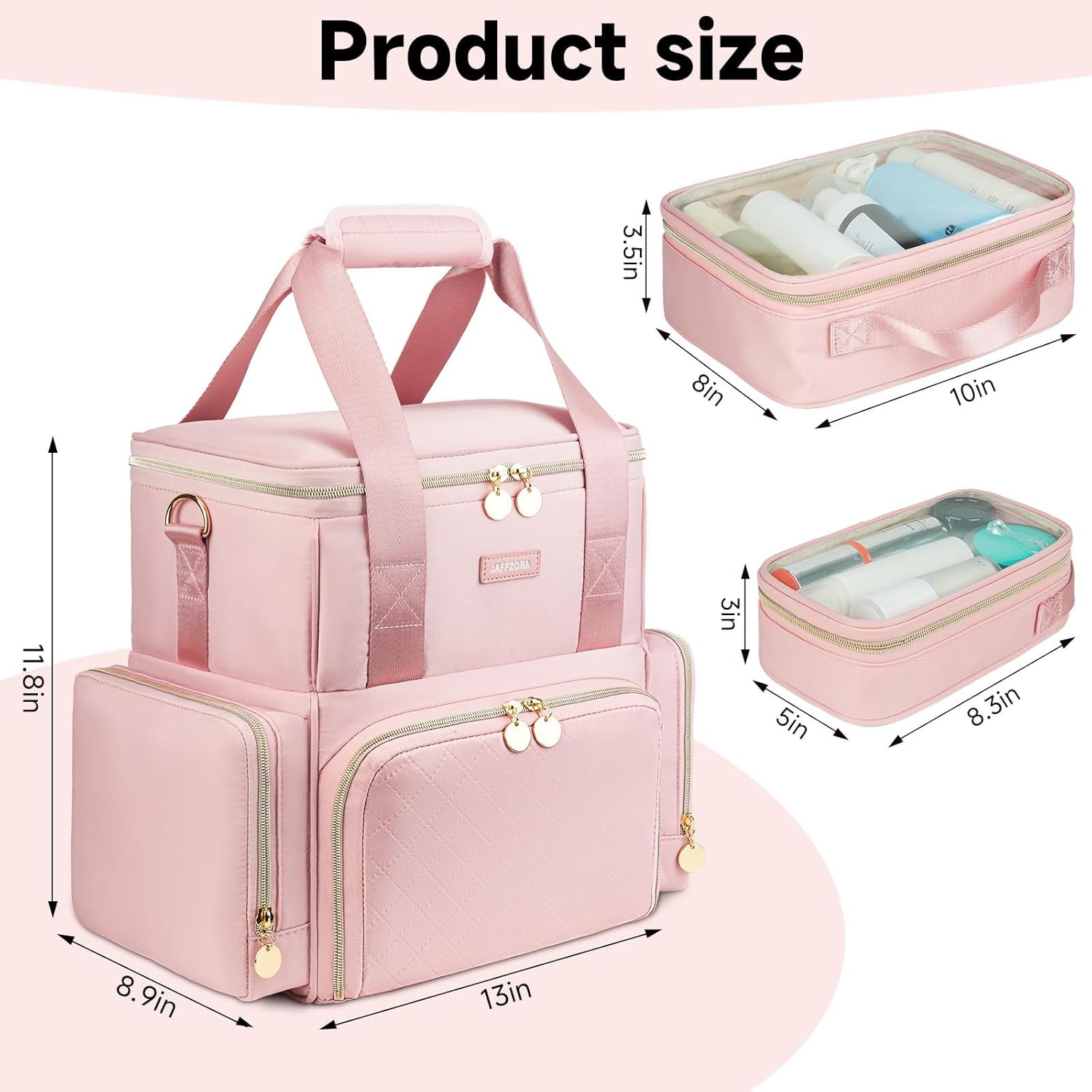 Extra Large Makeup Bag,4 in 1 Cosmetic Storage Organizer Travel Case with 3 Detachable Pouches and Dividers,Pink
