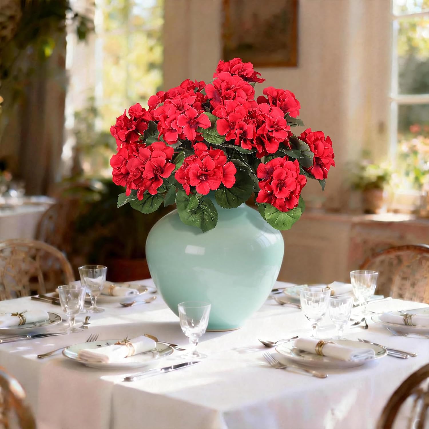 6 Pcs Artificial Geraniums Flowers for Outdoors Realistic Faux Silk Geraniums Red Fake Flowers UV Resistant Outdoor Flowers Plants for Front Porch Patio Garden Home Decor (6, Red)