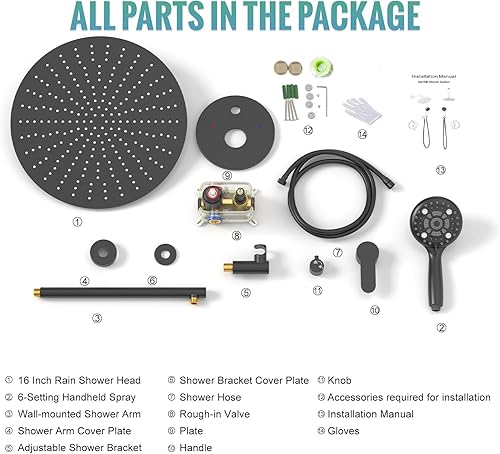Miniatura 106 de SR SUN RISE Sistema de ducha – Sistema de cabezal de ducha de alta presión de 12 pulgadas – 6 ajustes de cabezal de ducha de mano – Juego de grifo