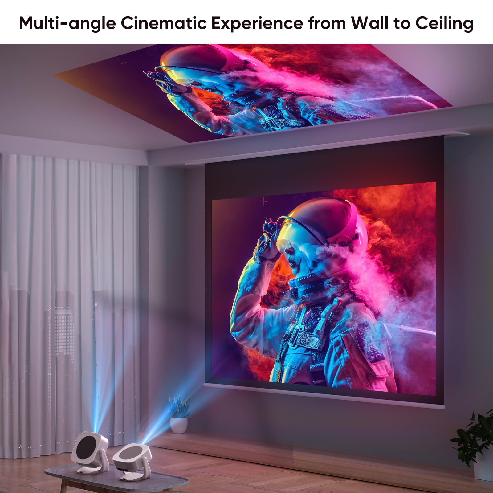 [Built-in Apps] Beamer, E-Fokus/Auto Trapezkorrektur Mini Beamer 4K Native 1080P, WiFi Buetooth Tragbar 50% Zoom 270°Drehbar Projektor für Heimkino/Outdoor, Kompatibel Mit Laptop/Smartphone/Maus
