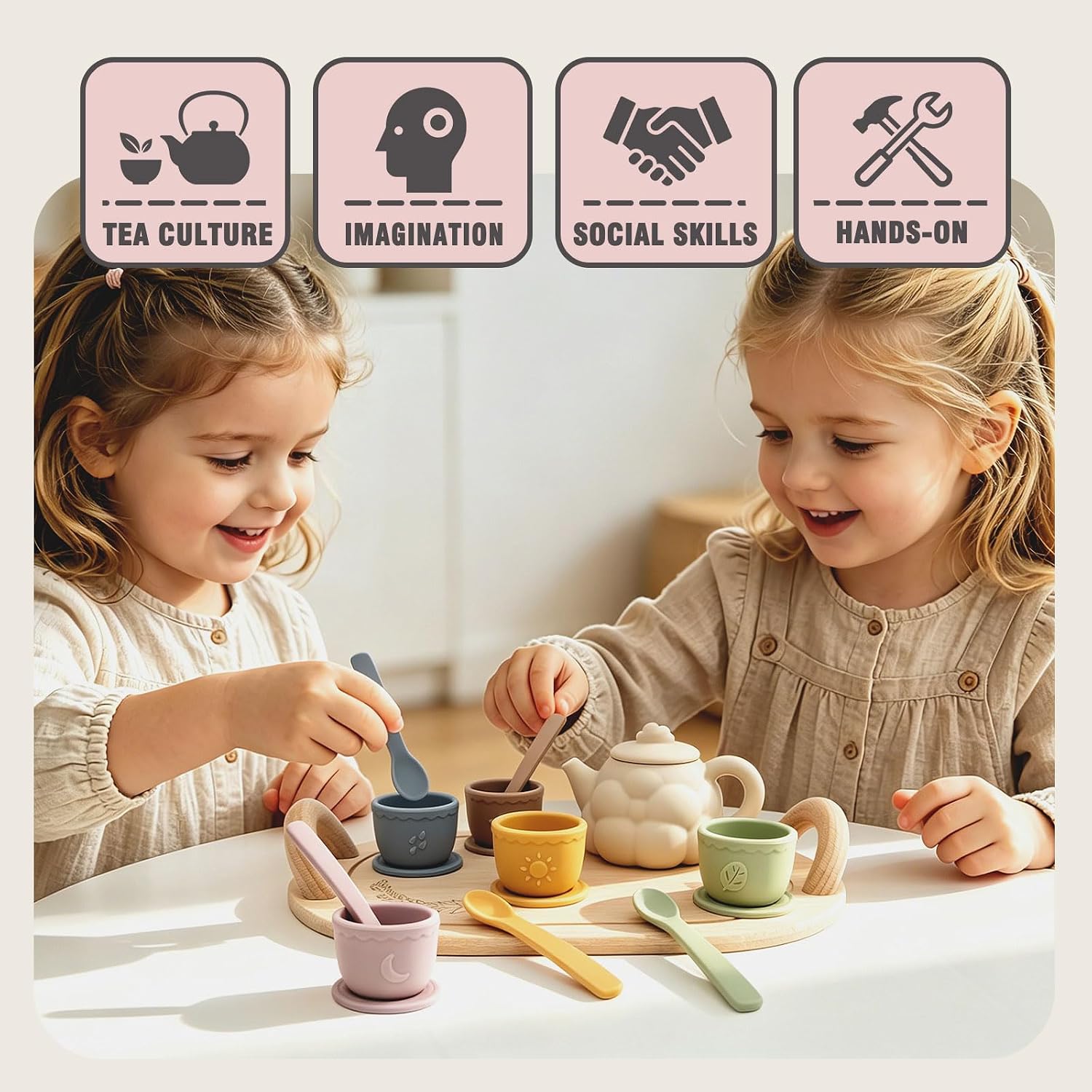 Silicone Tea Party Set for Little Girls, Pretend Play Kitchen Toys with Wooden Tray, Teapot Cups Coasters Spoons, Sensory Toy for Girls Boys Age 3 4 5 (17 Pcs)