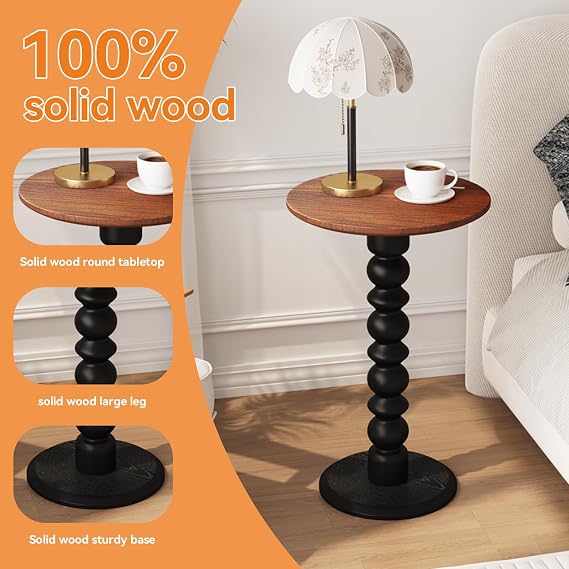 Solid Wood Round Side Table, Small Drink Table,Cocktail Table, Wooden Pedestal End Table, Plant Stand for Living Room, Bedroom,Office and Corners (Walnut/Black, 11.8