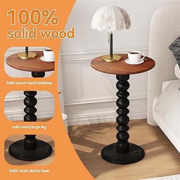 Solid Wood Round Side Table, Small Drink Table,Cocktail Table, Wooden Pedestal End Table, Plant Stand for Living Room, Bedroom,Office and Corners (Walnut/Black, 11.8