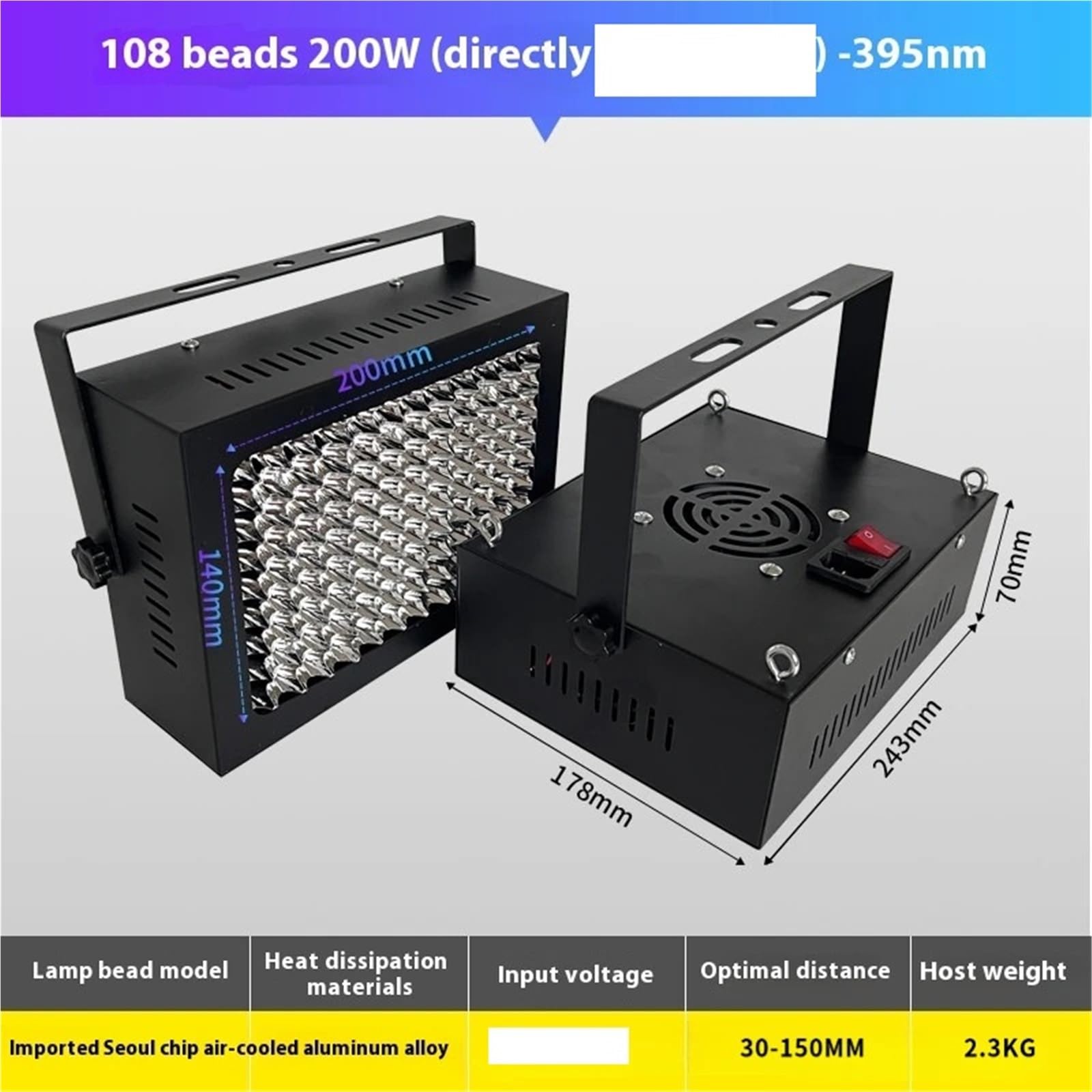 Światło żywiczne UV, Lampa UV LED (365-405 nm) do klejów UV, tuszy, żywic i szybkiego utwardzania przy chłodzeniu powietrzem(200W-395nm)