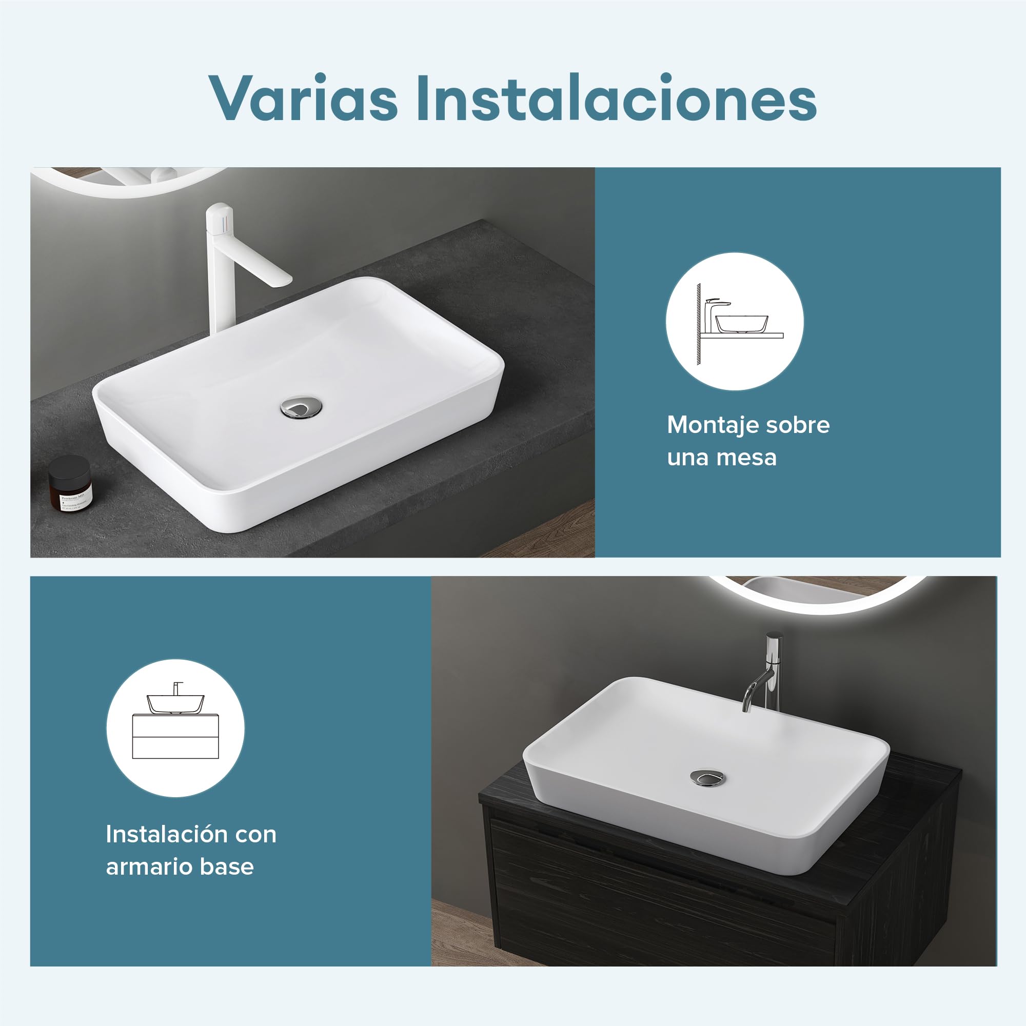 doporro Lavabo Sobre Encimera Rectangular 60x40x9 cm, Mármol Fundido Blanco Mate con Recubrimiento Nano, Conexión Estándar DIN, Colossum815