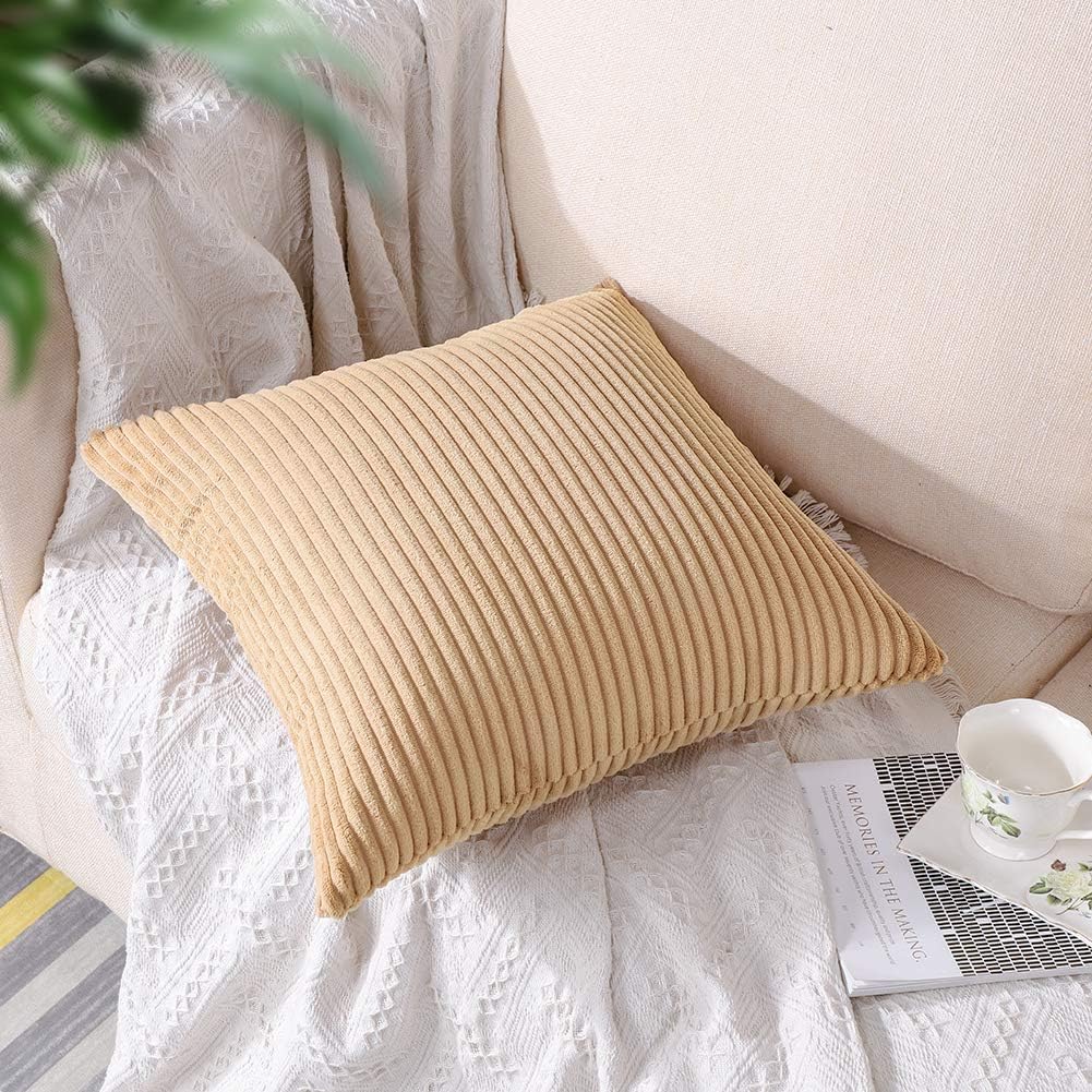 Artscope Cozy Striped Corduroy Pillow Covers Super Soft Decorative Square Throw Pillow Covers Case Cushion Covers for Sofa Couch Bedroom Car Decor 24 x 24 Inches, Khaki