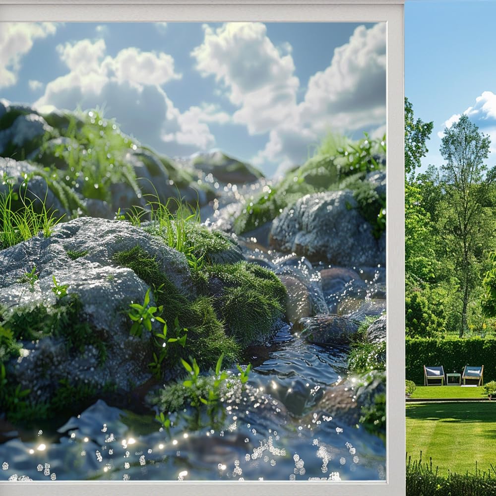 Rustic Mossy Stones Stained Glass Window Film, Nature Grass River Landscape Peel and Stick Privacy Film, Frosted Adhesive Vinyl Decorative for Bathroom Windows Glass Doors, （45x60cm）