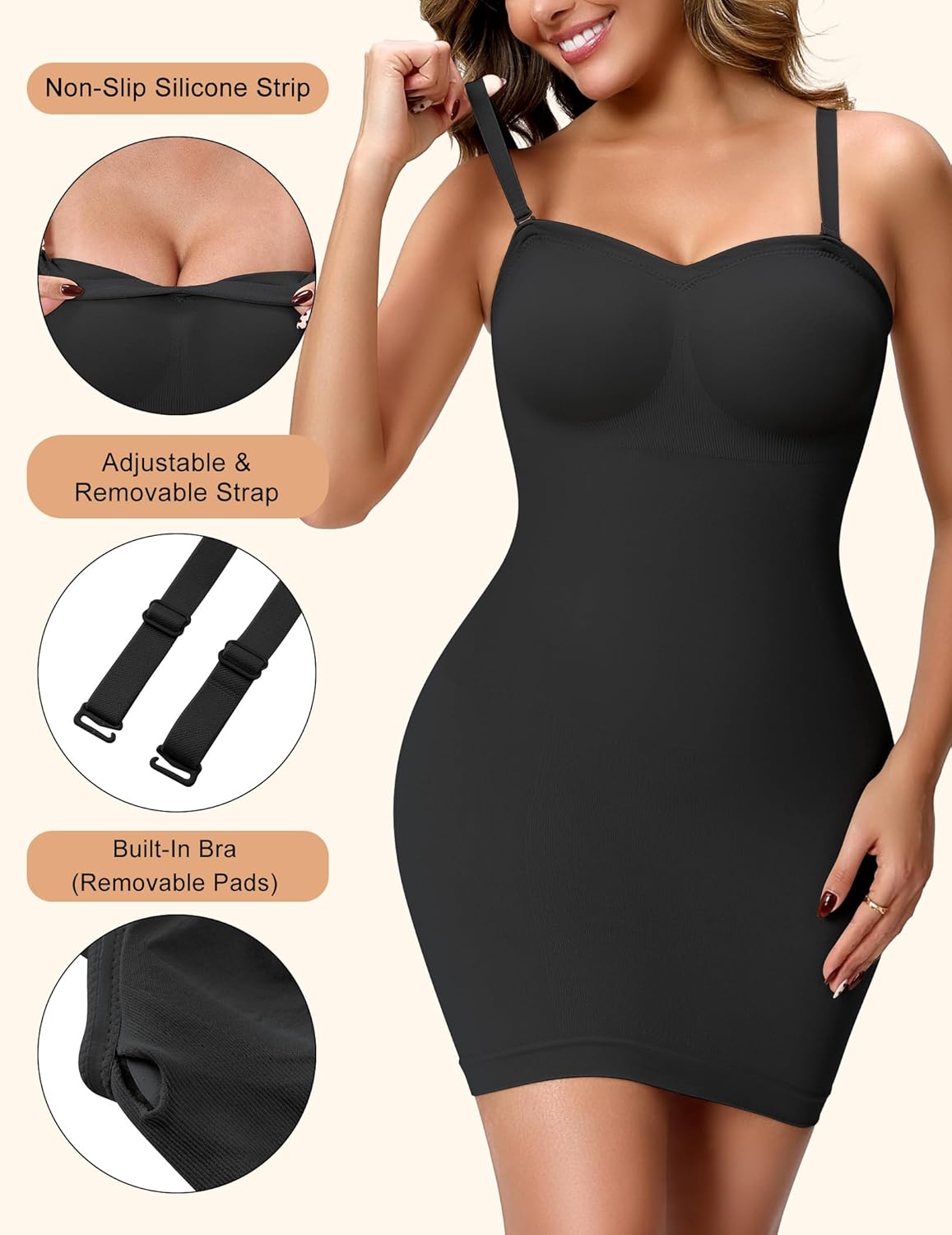 Strapless Shapewear Slip for Women, Tummy Control Bulit-in Bra Full Shapewear Dress Slip, Seamless Body Shaper