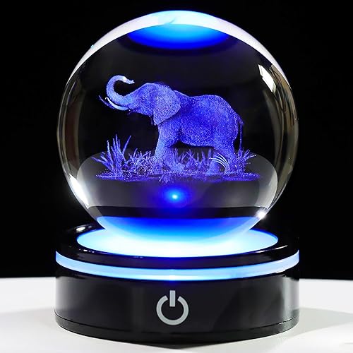 YWHL Figura de elefante 3D con bola de cristal con base de luz colorida, regalo de elefante para mujeres y hombres en Navidad o cumpleaños, bola