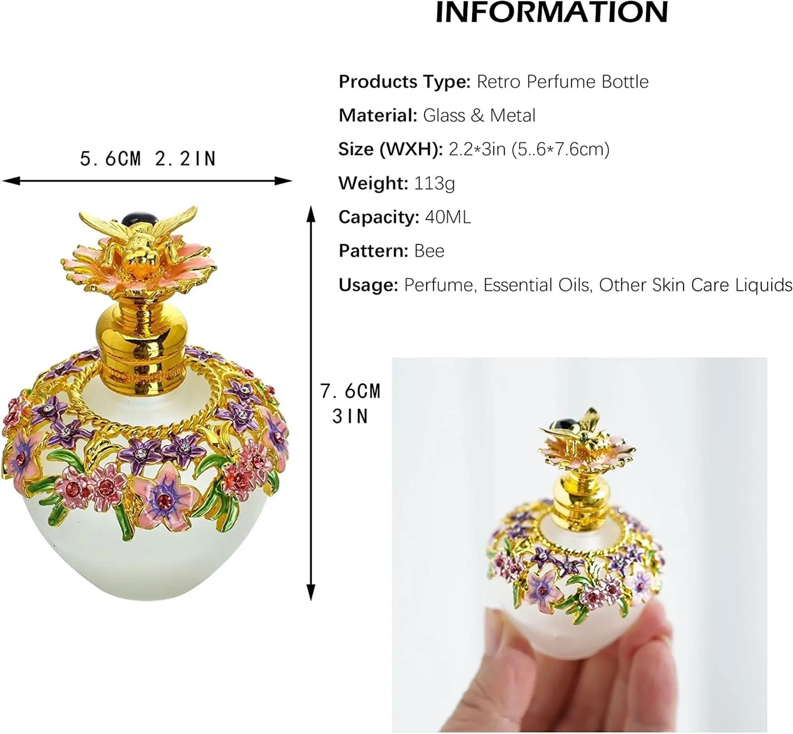 Vintage Glasblumen Parfümflasche mit Bienenanhänger, dekorativer, ausgefallener Kristallparfümdekanter, leer, nachfüllbar Für Das Wohnzimmer Und Tischflächen