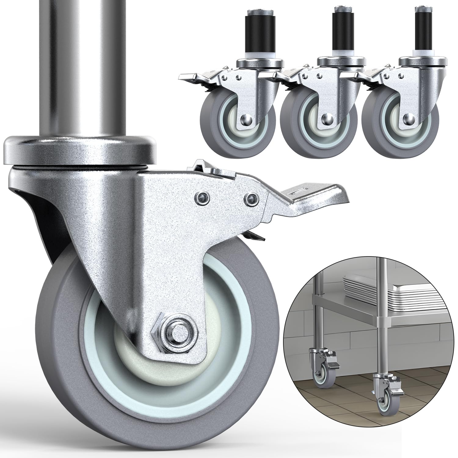 HOLKIE Caster Wheels Locking 4 Inch Adjustable Expanding Stem Casters, Threaded Swivel Casters Set of 4 Heavy Duty Castors Black, Fit for Most Tube Leg, Stainless Steel Table, Cart, Furniture Legs