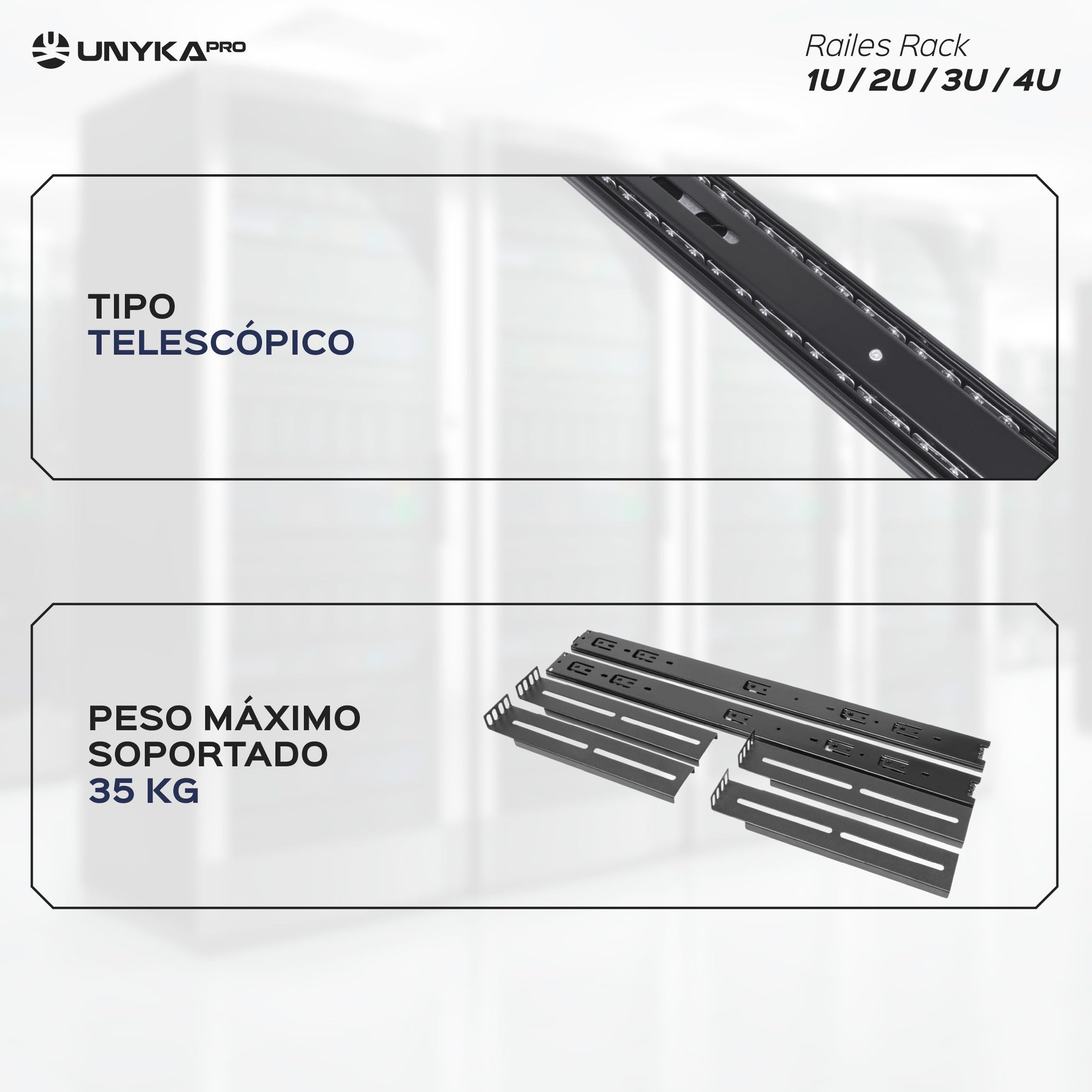 UNYKAch Juego de Dos Railes - Guías Telescópicas Válidas para Armarios de Fondo 80 a 100 cm y Cajas Rack 1U/2U/3U/4U