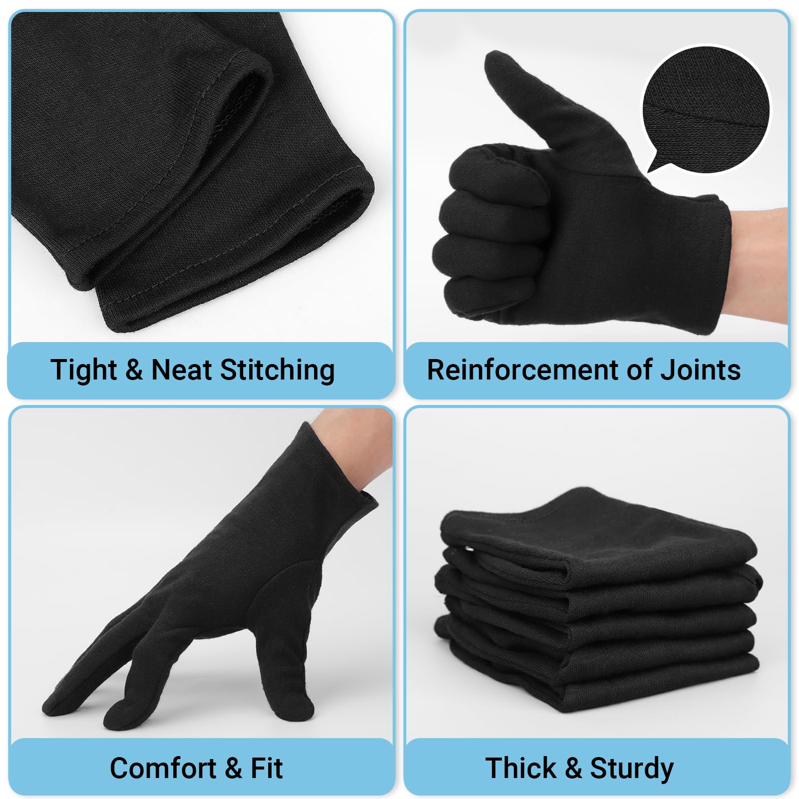 Gants Coton Noir - 50 Paires (100 Pièces) Gant de Travail L 25CM - Grand Gants en Coton Noir Housework - Cotton Gloves de Soins pour Travaux de Jardinage Bricolage