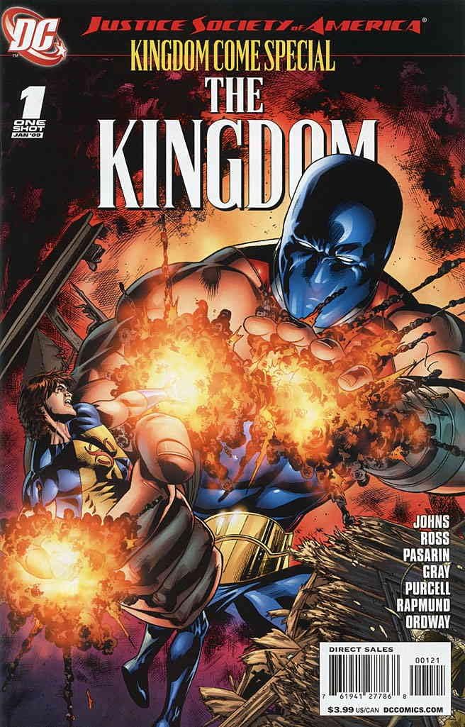 Cover of JSA Kingdom Come Special: The Kingdom #1A comic book, featuring a large blue-masked figure with glowing hands and a smaller figure in yellow and blue looking up.