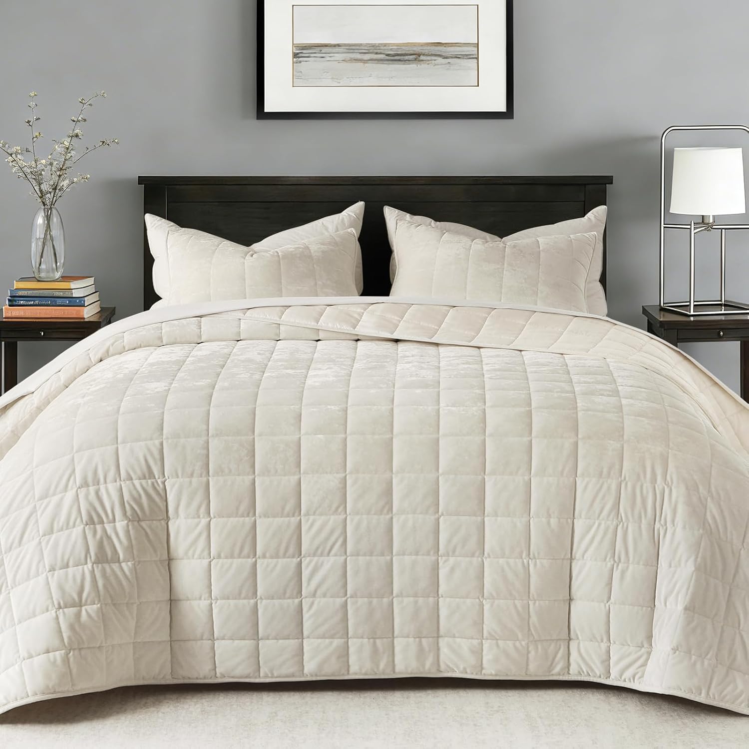 GOONE Oversized King Greek Velvet Quilt Set 112"x106" Ultra-Soft Luxe Sheen Bedspread, 150GSM Down Alternative Fill, Extra-Wide Hotel Coverage, Reversible Quilt with 2 Pillow Shams, Whisper White