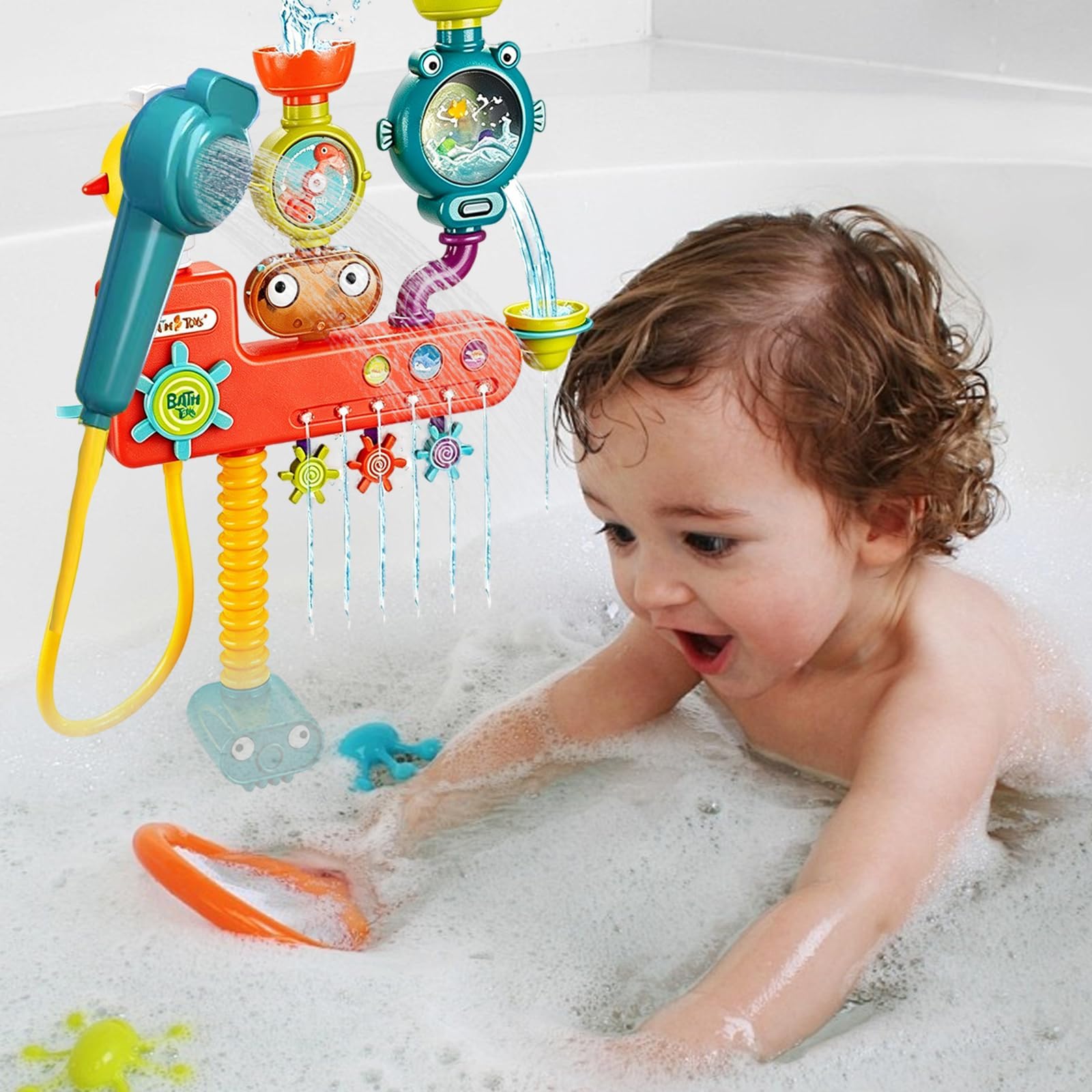 LUKIUP Giocattolo per vasca da bagno 4 in 1, set di giocattoli da bagno interattivi con doccia, ruota d'acqua, barca d'anatra, auto a coccodrillo, fischietto a razzo, giocattolo per vasca da bagno