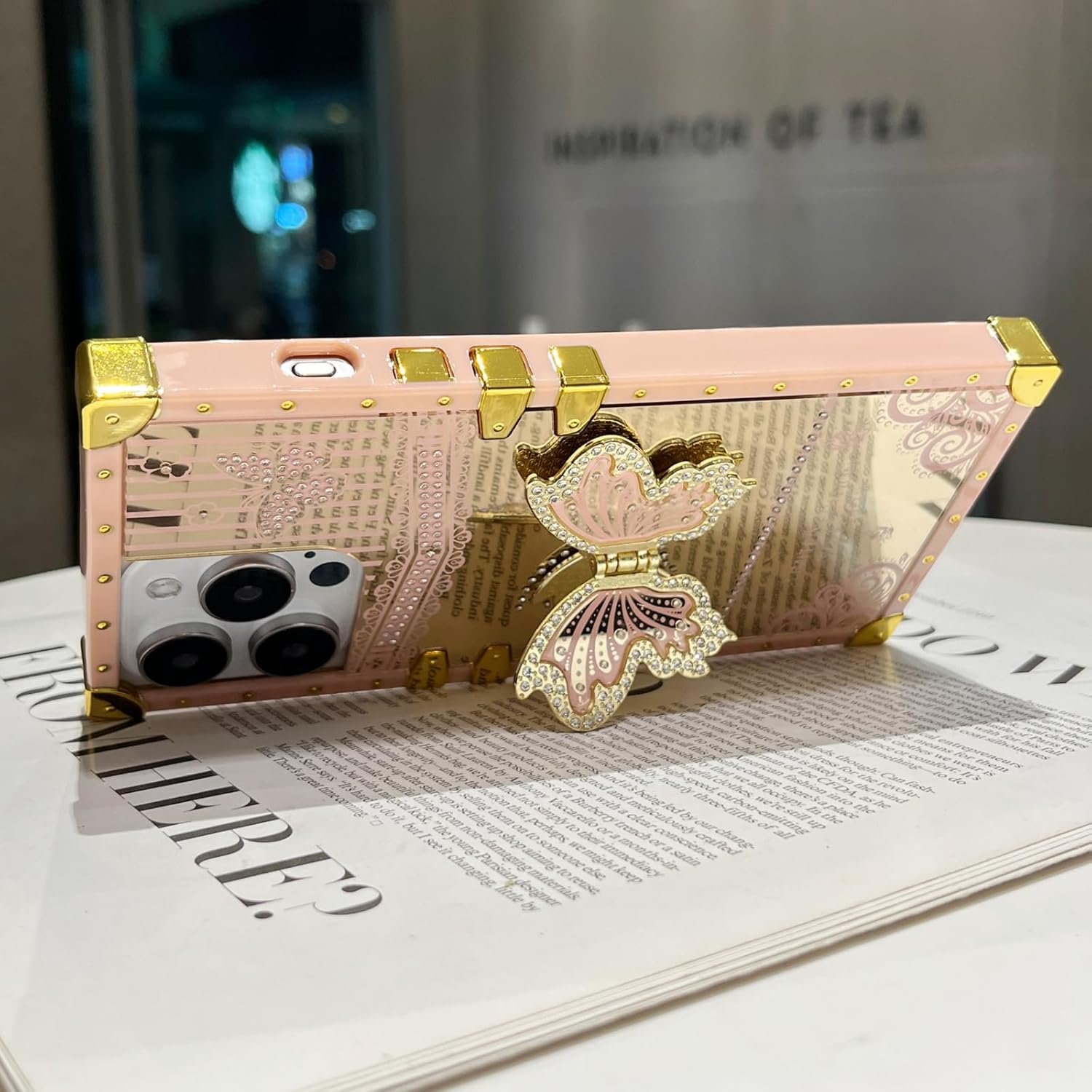 Glitter Kickstand Case for iPhone 16 Pro Max,Cute Luxury Bling Sparkly Butterfly with Foldable Stand Elegant Mirror Shockproof Protective Case for Women Girls for iPhone 16 Pro Max 6.9", Pink - Image 2