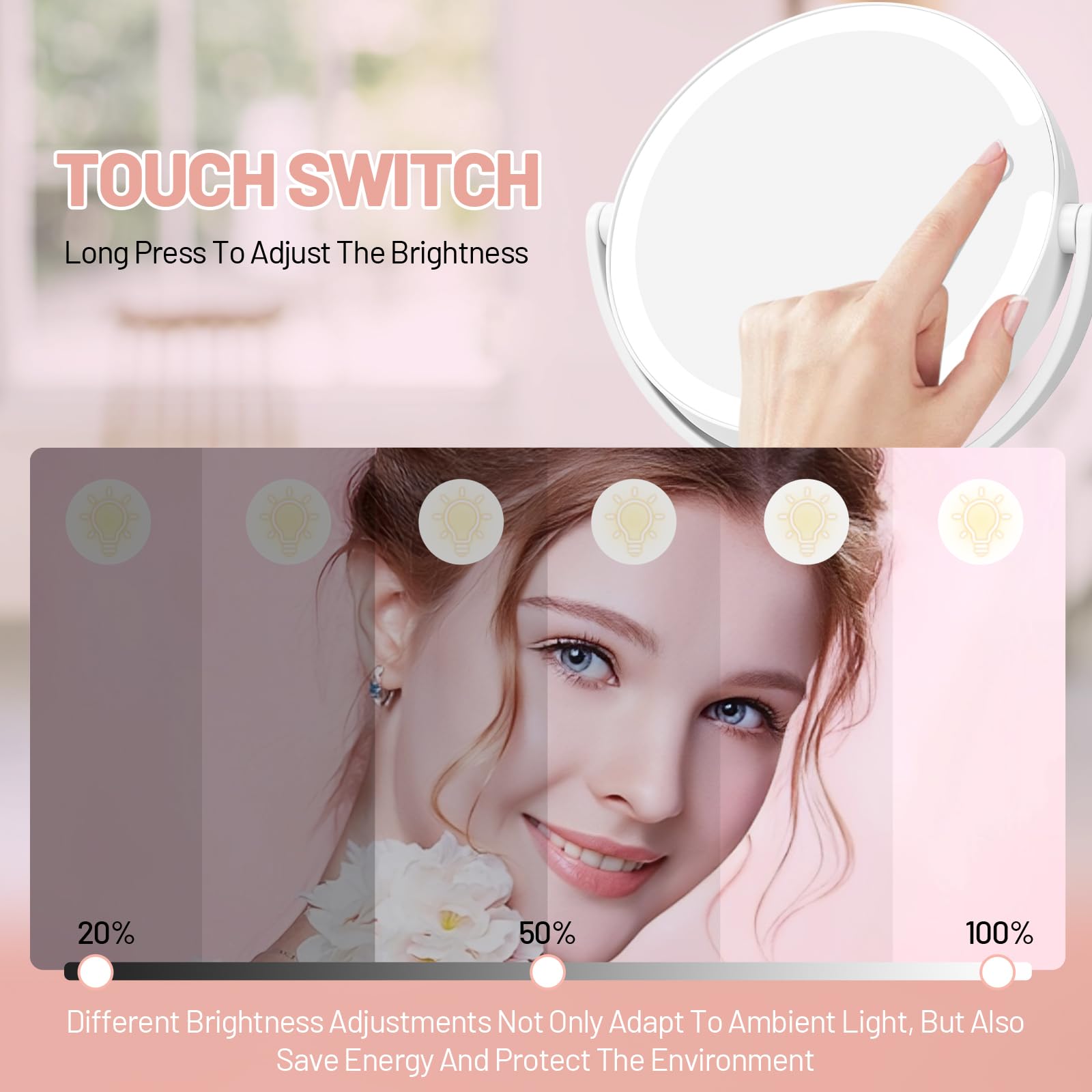 Specchio Trucco con Luci 10X/1X Bifacciale,Specchio Ingranditore 8", Specchio da Tavolo Ricaricabile 1500mAh, 3 Colori di Luci 64 LED Rotazione a 360° Smontabile per Camera da Letto, Viaggio