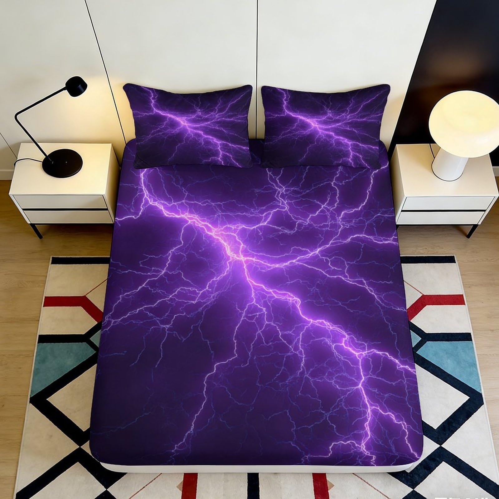 3D Printed Purple Lightning Fitted Sheet Microfiber Anti-Slip Washable Electric Storm Mattress Cover for Bedroom Dorm Room Decor 200x200x25cm