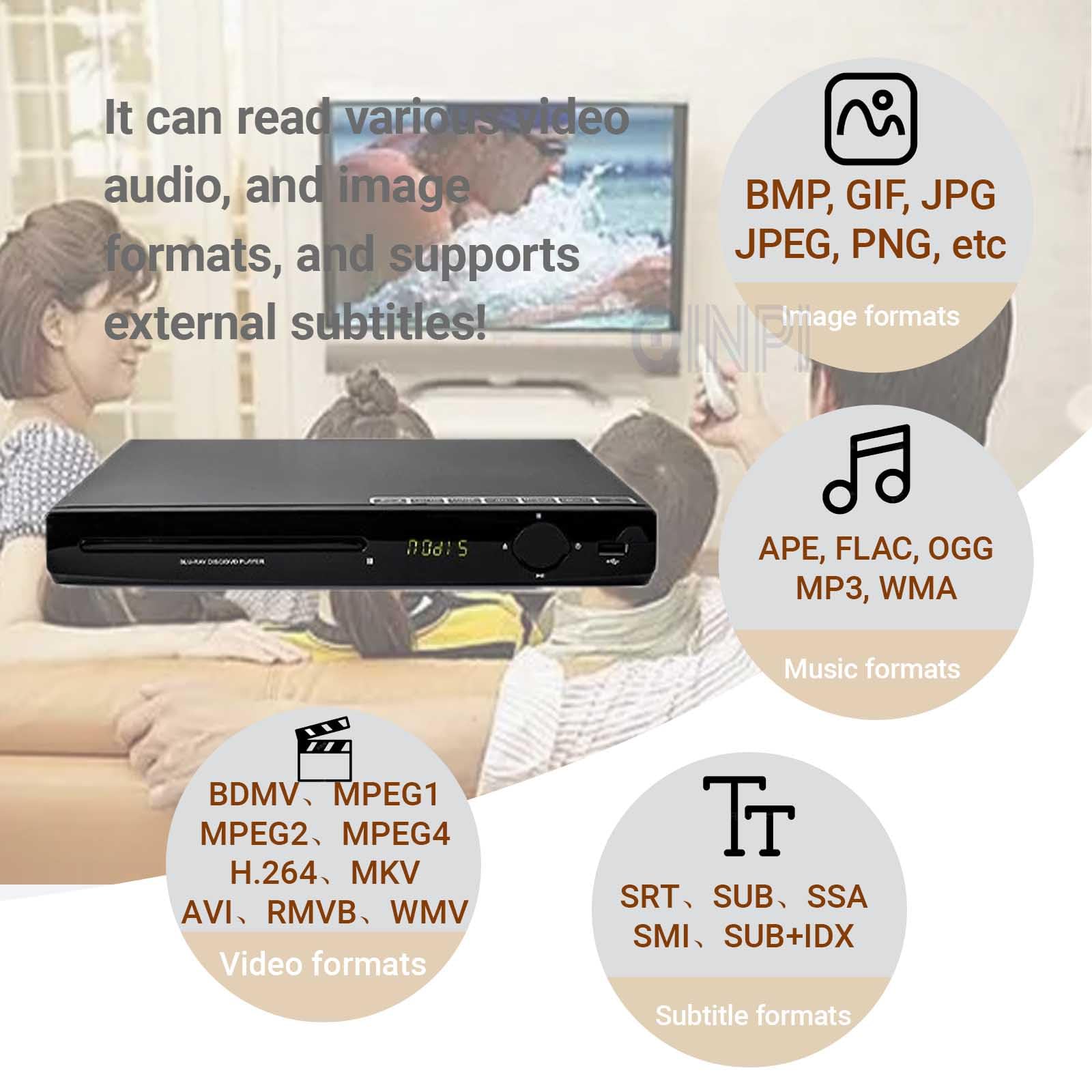Reproductor de DVD HDMI, Reproductor de DVD 1080P sin región, para TV, con Cable HDMI, Control Remoto, Entrada USB, Compatible con reproducción de BLU-Ray, DVD, CD y VCD