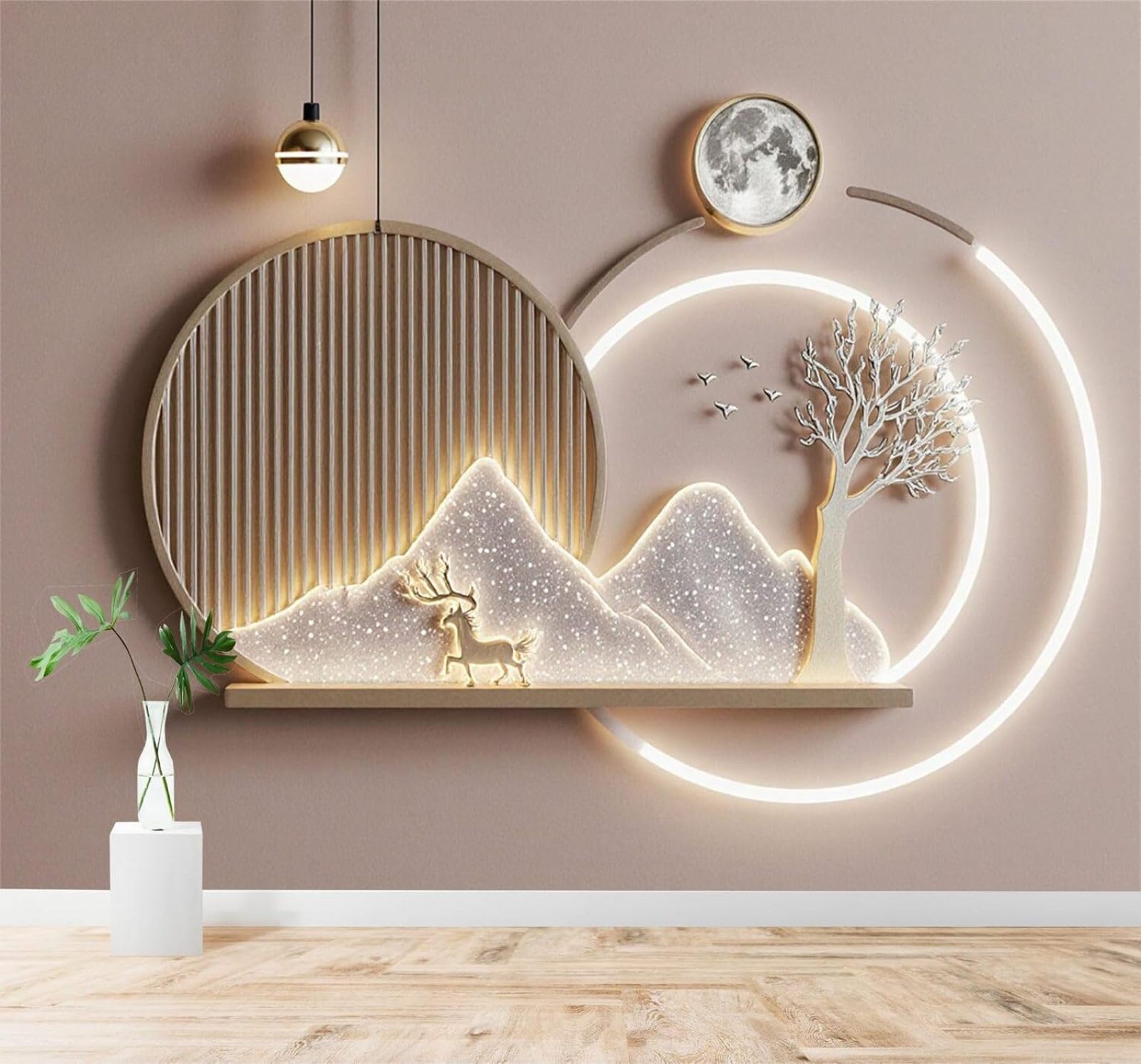 Tzxztt Minimalist Deer Trees Moonlight Mountains Art Modern 3D Wallpaper Premium Textured Silk Neutral Tones Material Ideal for Living Room Bedroom-350cm×256cm