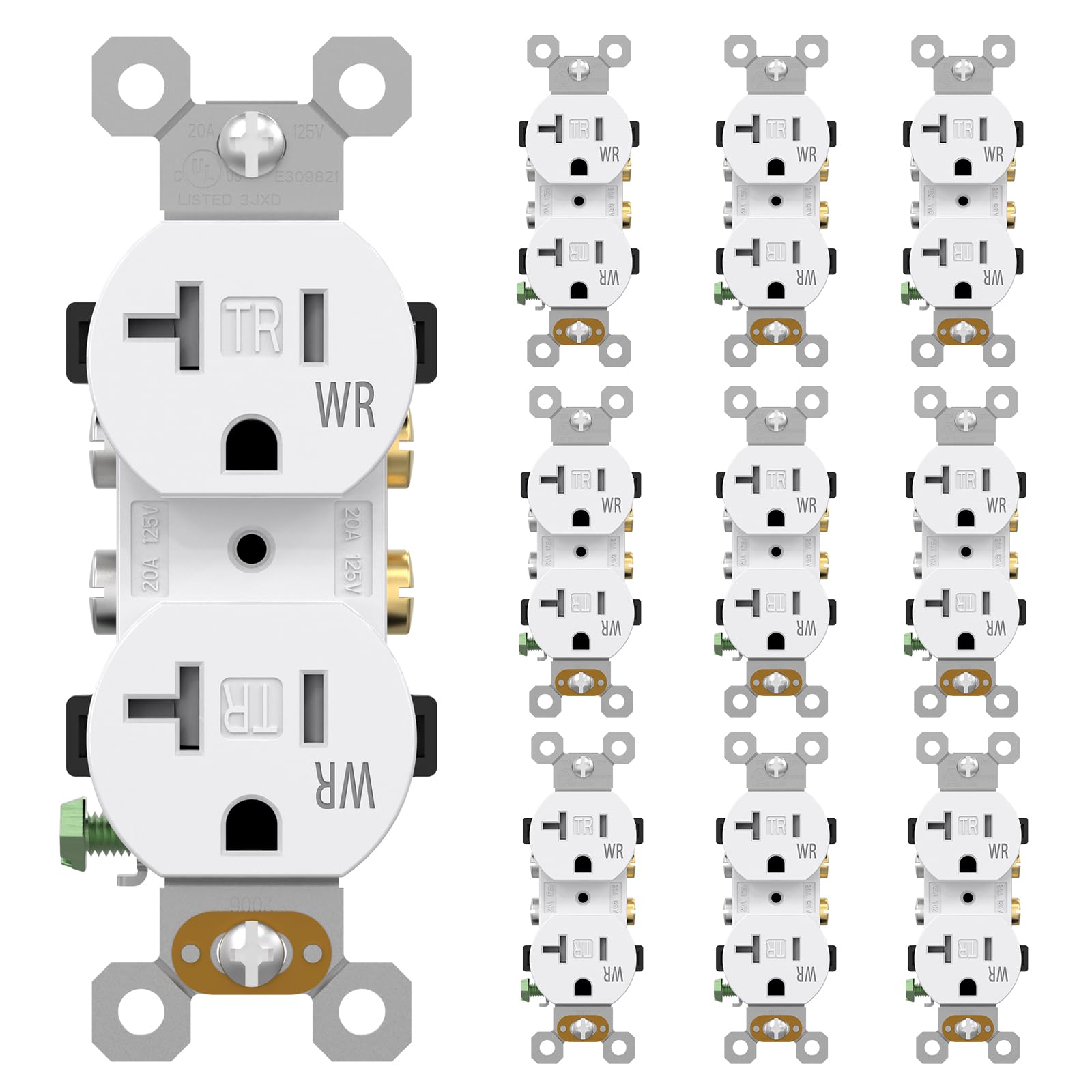 AIDA Duplex Receptacle Outlet, 20A 125V, 3-Wire, Self-Grounding, UL Listed, Push & Side Wire, White, 10 Pack