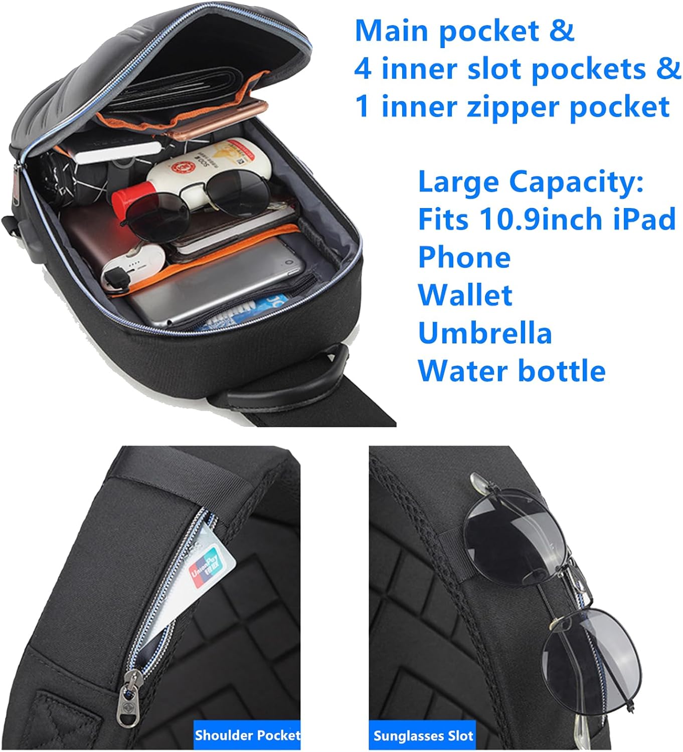 O-TBOST EVA Hard Shell Crossbody Sling Backpack for Men Anti-Theft Sling Bag with USB Charging Port (Black)