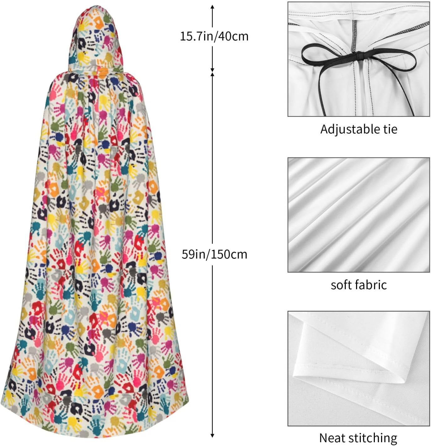 Hand Print print Hooded Robe Cloak for Adult Halloween Wizard Vampire Cosplay Costume Fancy Cool Cape